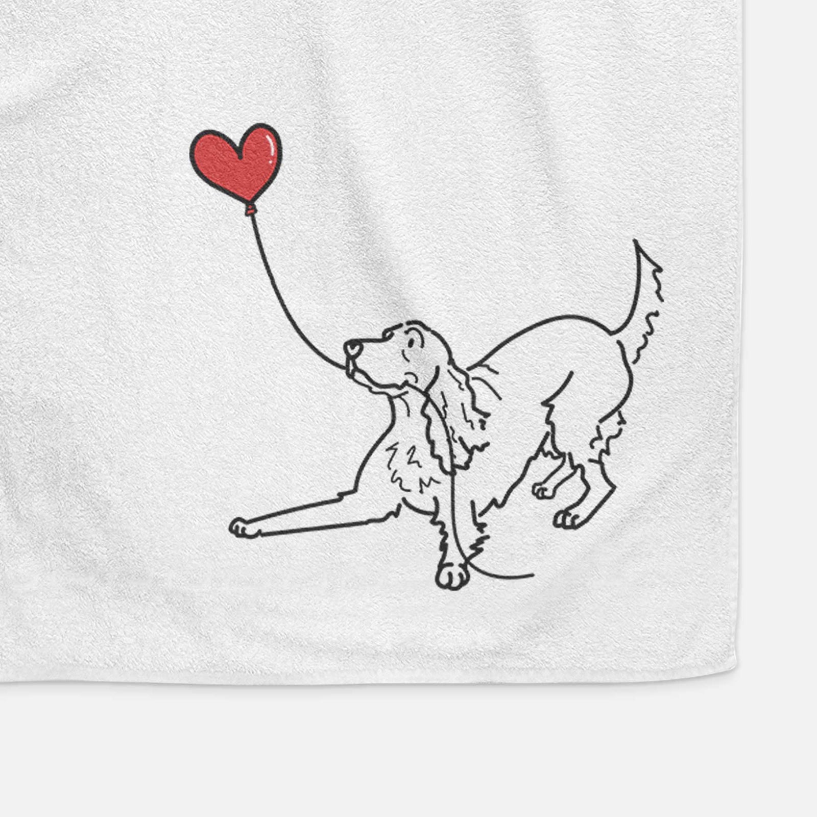 Minimalist line drawing of an Irish Setter Heart String holding a heart balloon on a decorative hand towel