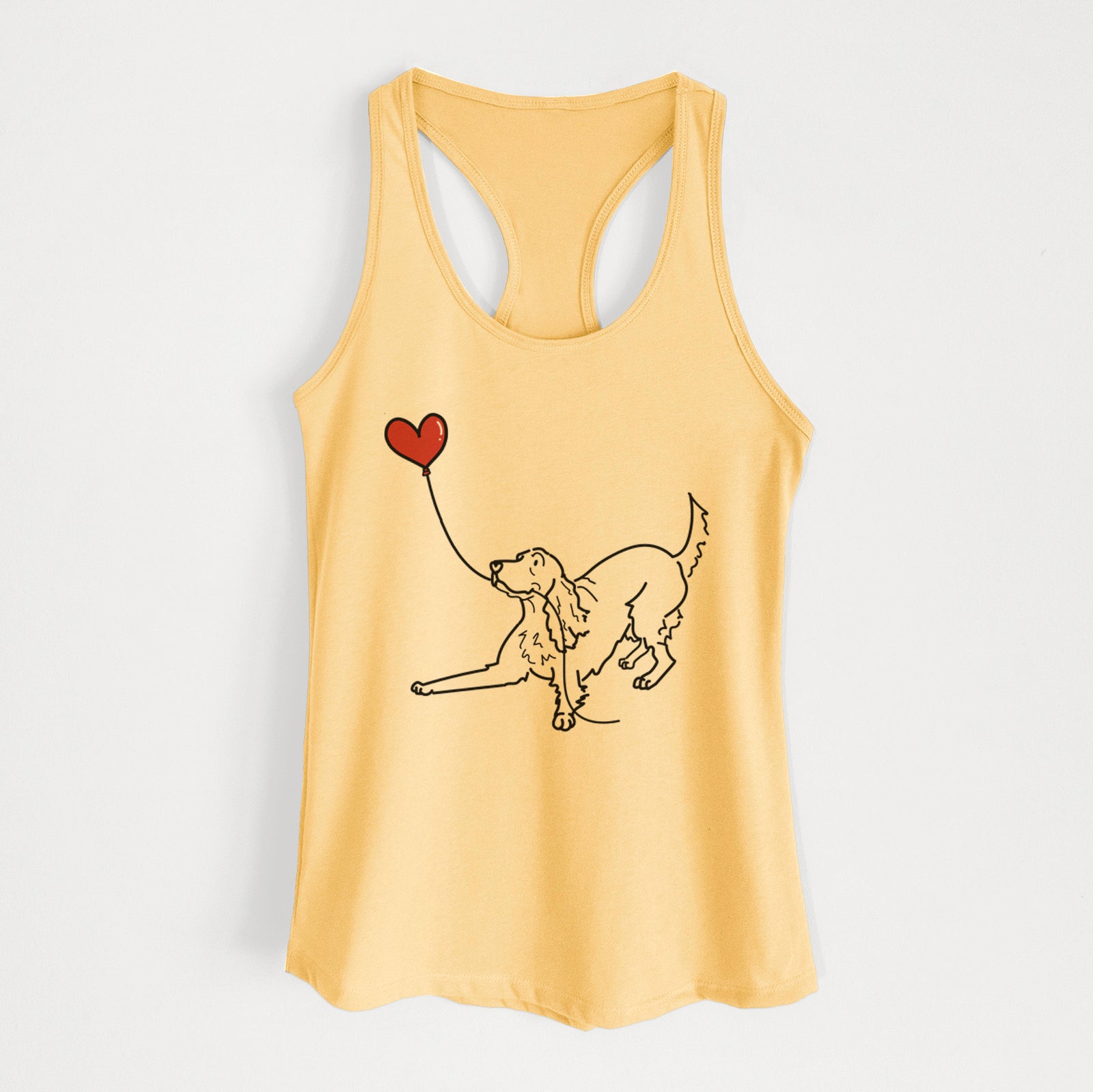 Minimalist line drawing of an Irish Setter Heart String holding a heart balloon on a Banana Cream Women's racerback tanktop