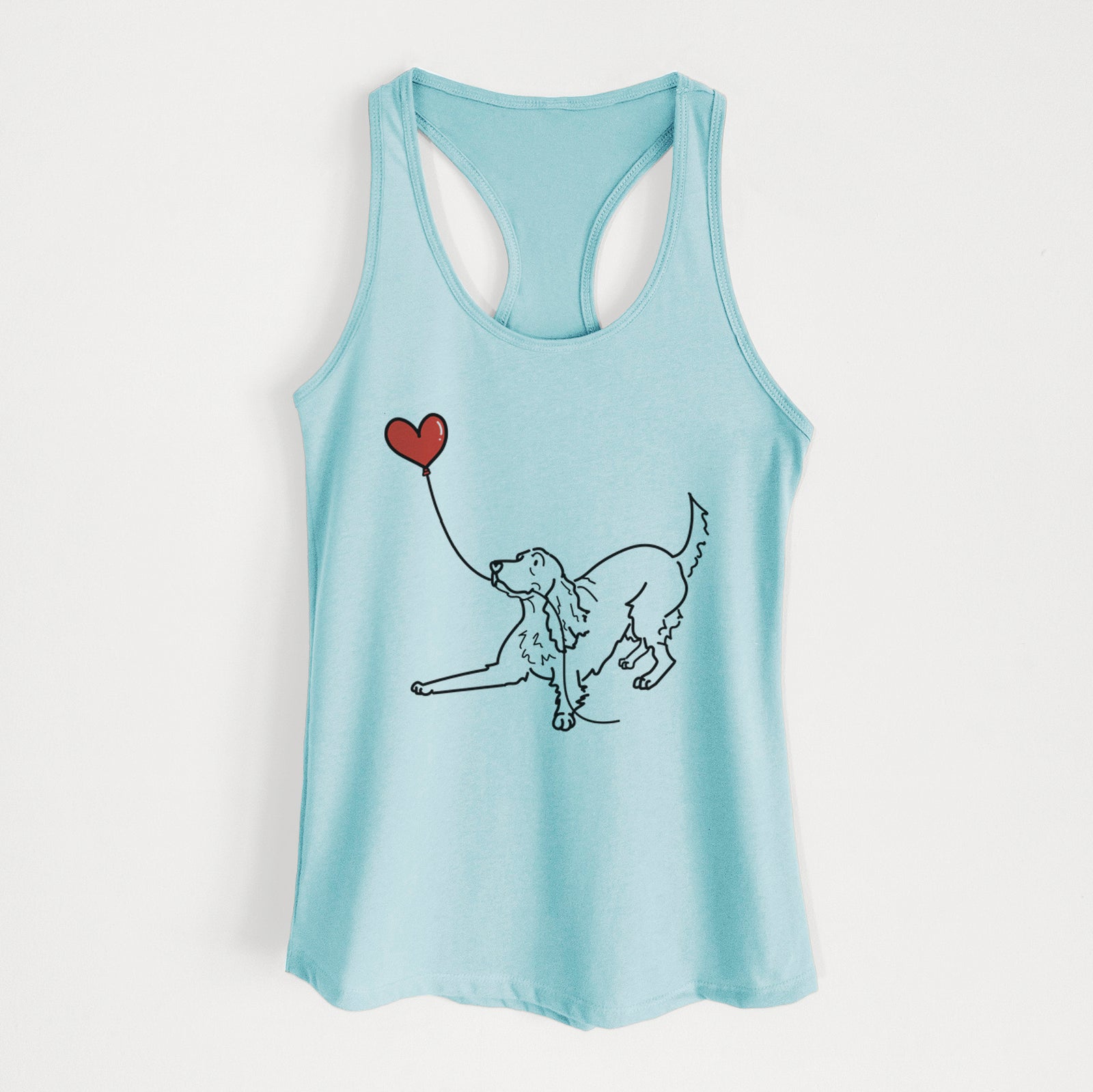 Minimalist line drawing of an Irish Setter Heart String holding a heart balloon on a Cancun Blue Women's racerback tanktop