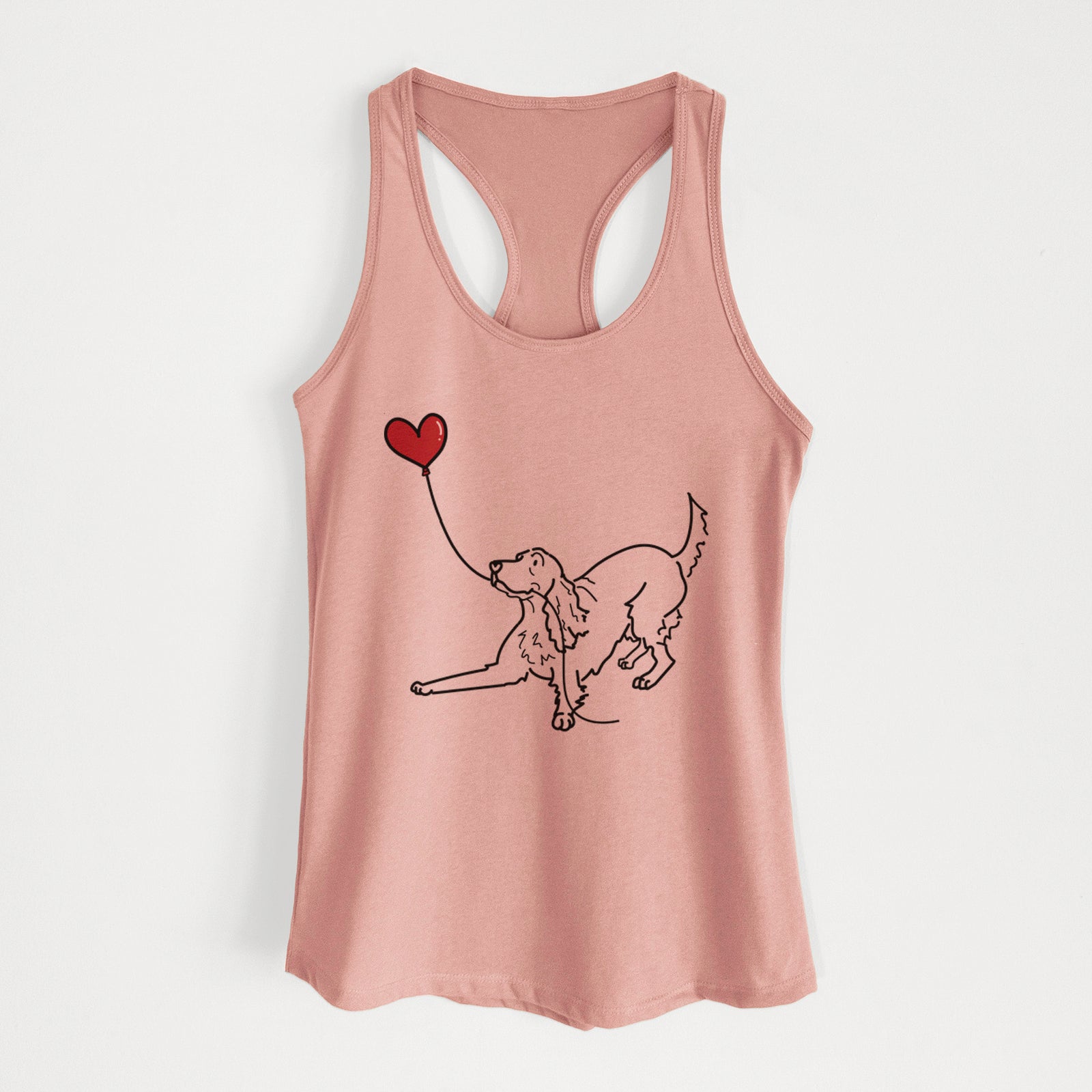 Minimalist line drawing of an Irish Setter Heart String holding a heart balloon on a Desert Pink Women's racerback tanktop