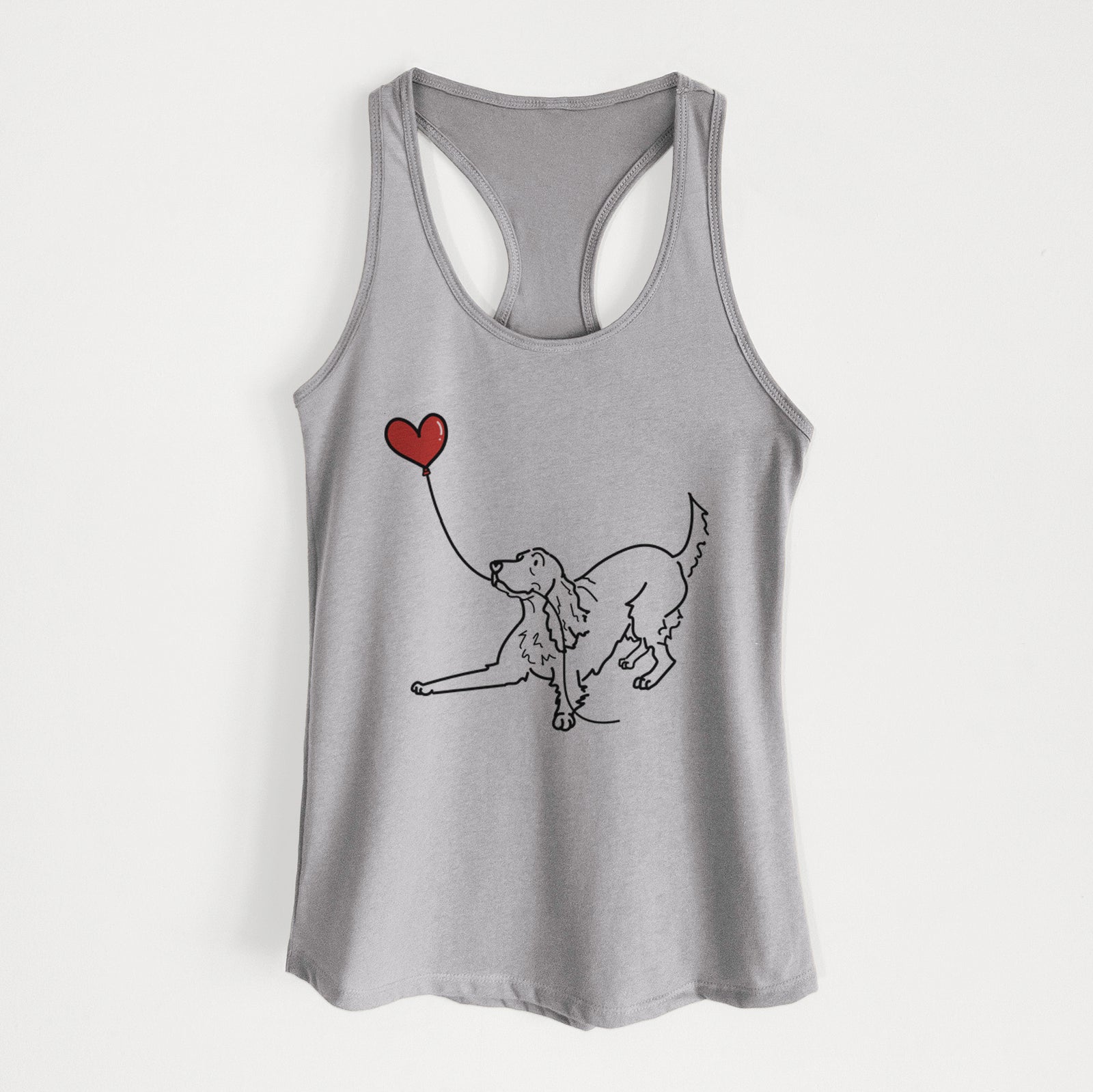 Minimalist line drawing of an Irish Setter Heart String holding a heart balloon on a Heather Grey Women's racerback tanktop