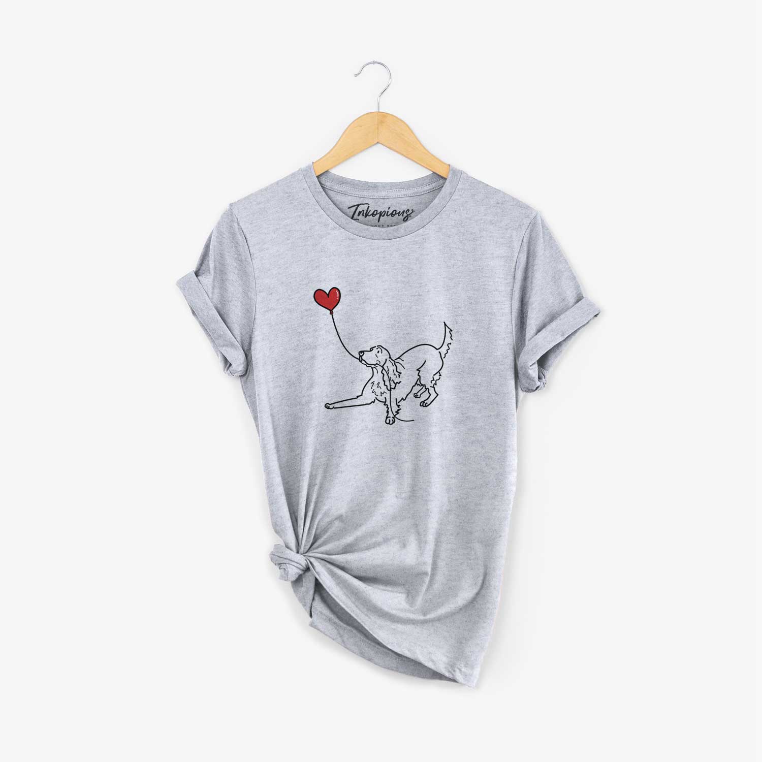 Minimalist line drawing of an Irish Setter Heart String holding a heart balloon on a Grey Unisex crewneck