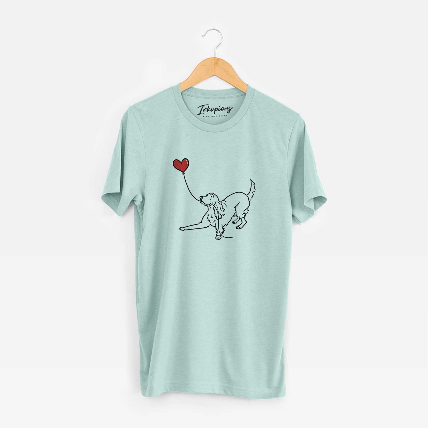 Minimalist line drawing of an Irish Setter Heart String holding a heart balloon on a Heather Sage Unisex crewneck