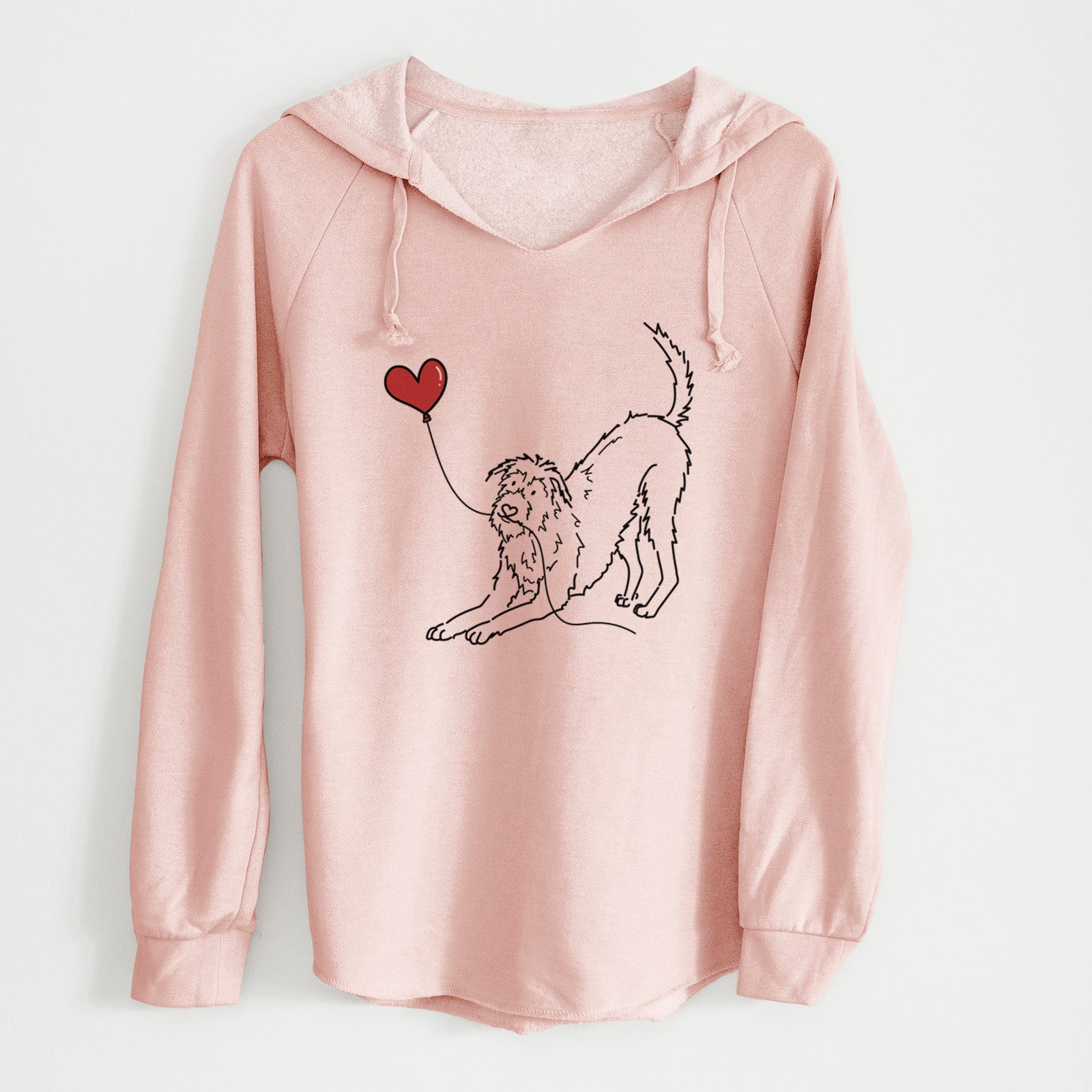 Minimalist line drawing of an Irish Wolfhound Heart String holding a heart balloon on a Blush Cali Wave Hooded Sweatshirt