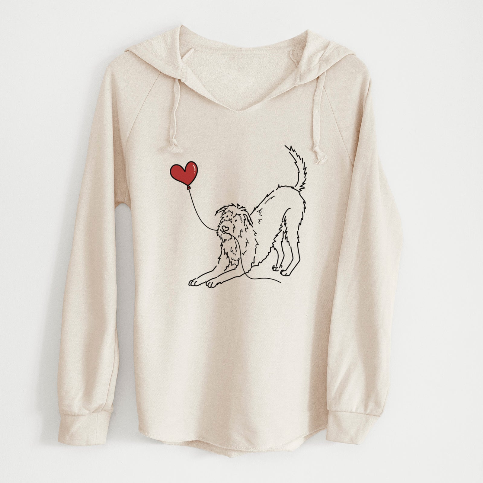 Minimalist line drawing of an Irish Wolfhound Heart String holding a heart balloon on a Bone Cali Wave Hooded Sweatshirt