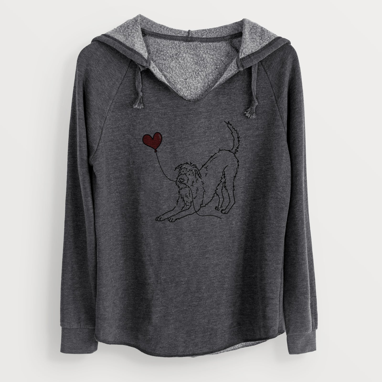 Minimalist line drawing of an Irish Wolfhound Heart String holding a heart balloon on a Charcoal Cali Wave Hooded Sweatshirt