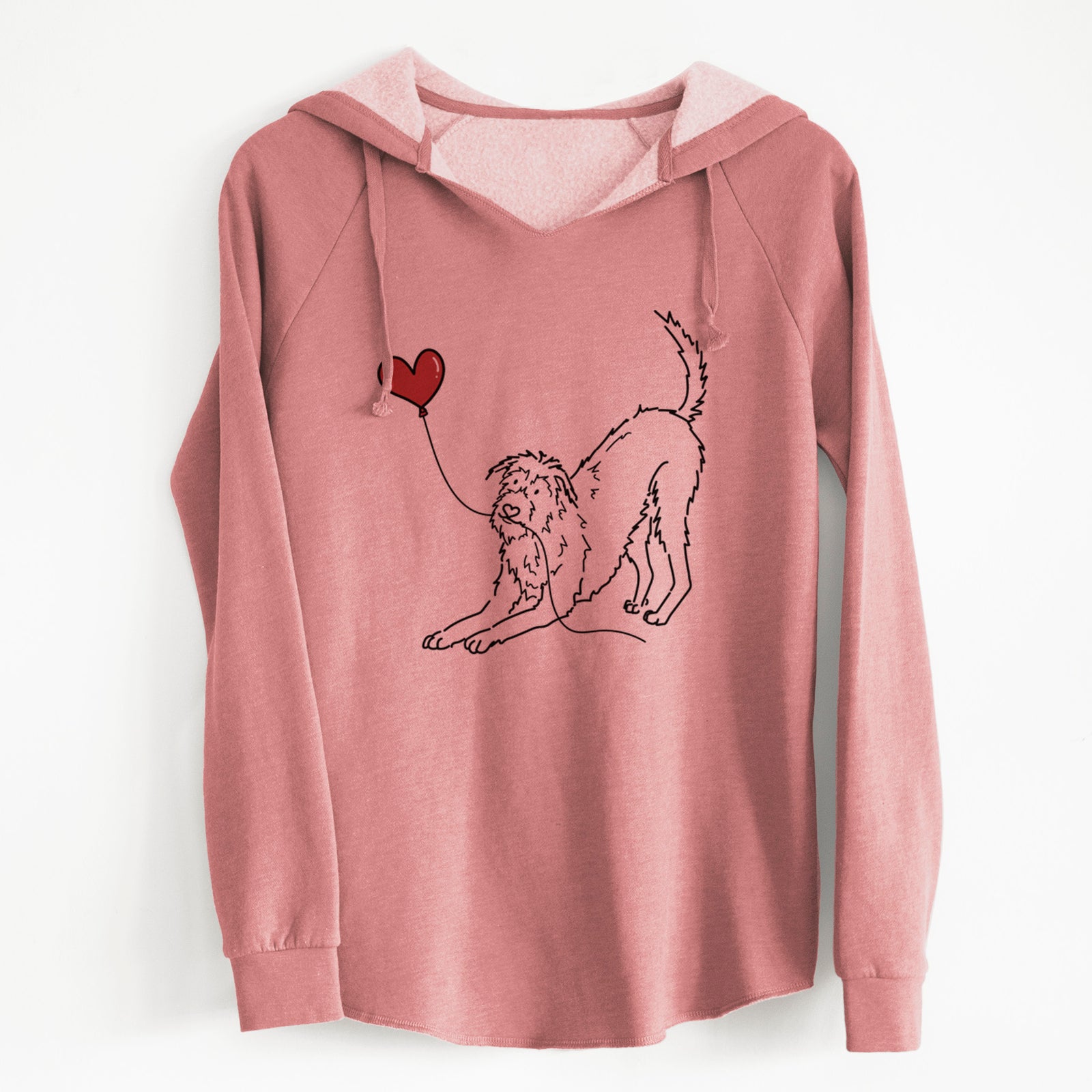 Minimalist line drawing of an Irish Wolfhound Heart String holding a heart balloon on a Dusty Rose Cali Wave Hooded Sweatshirt