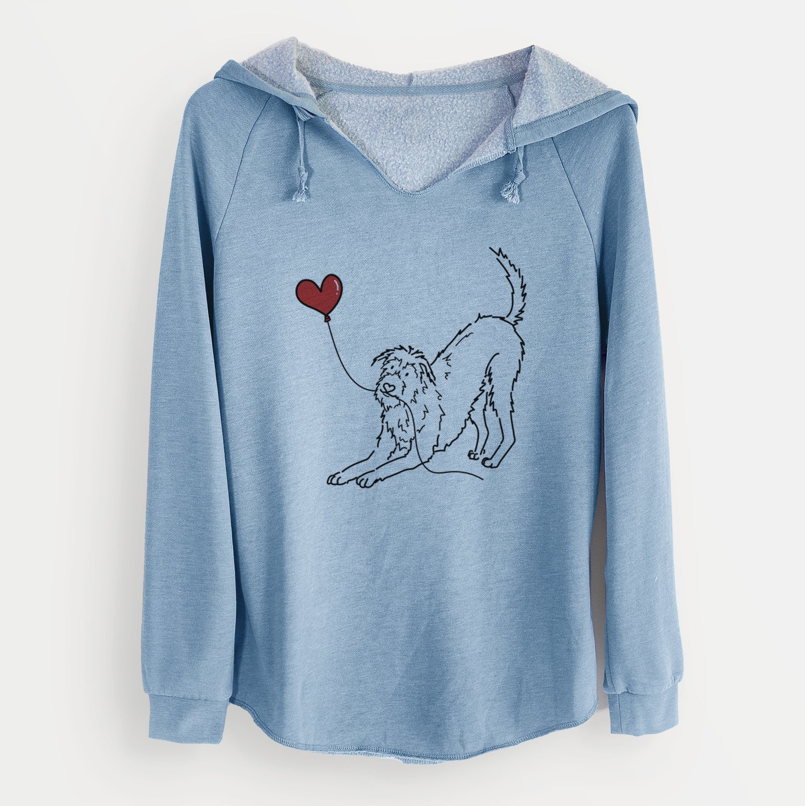 Minimalist line drawing of an Irish Wolfhound Heart String holding a heart balloon on a Misty Blue Cali Wave Hooded Sweatshirt