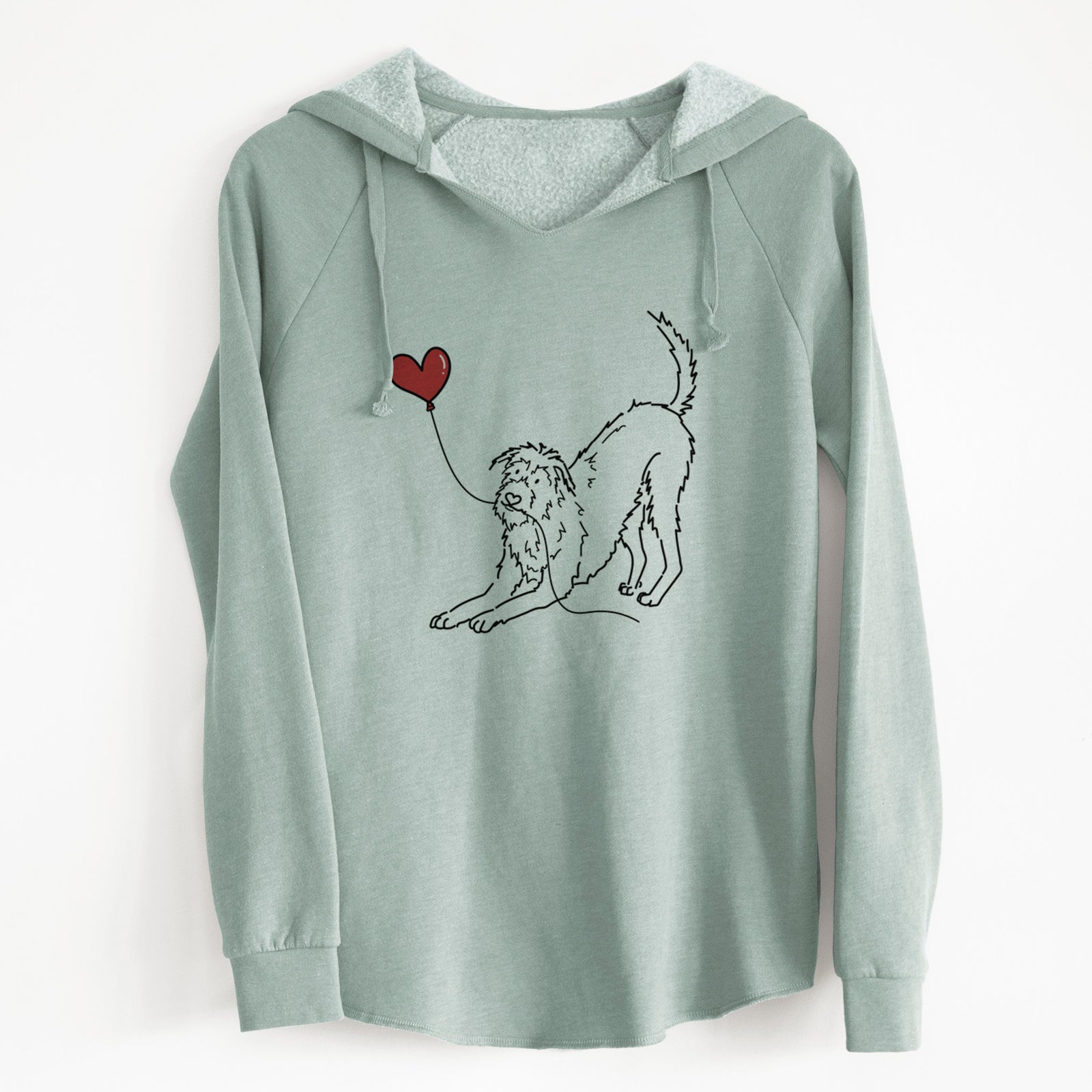 Minimalist line drawing of an Irish Wolfhound Heart String holding a heart balloon on a Sage Cali Wave Hooded Sweatshirt