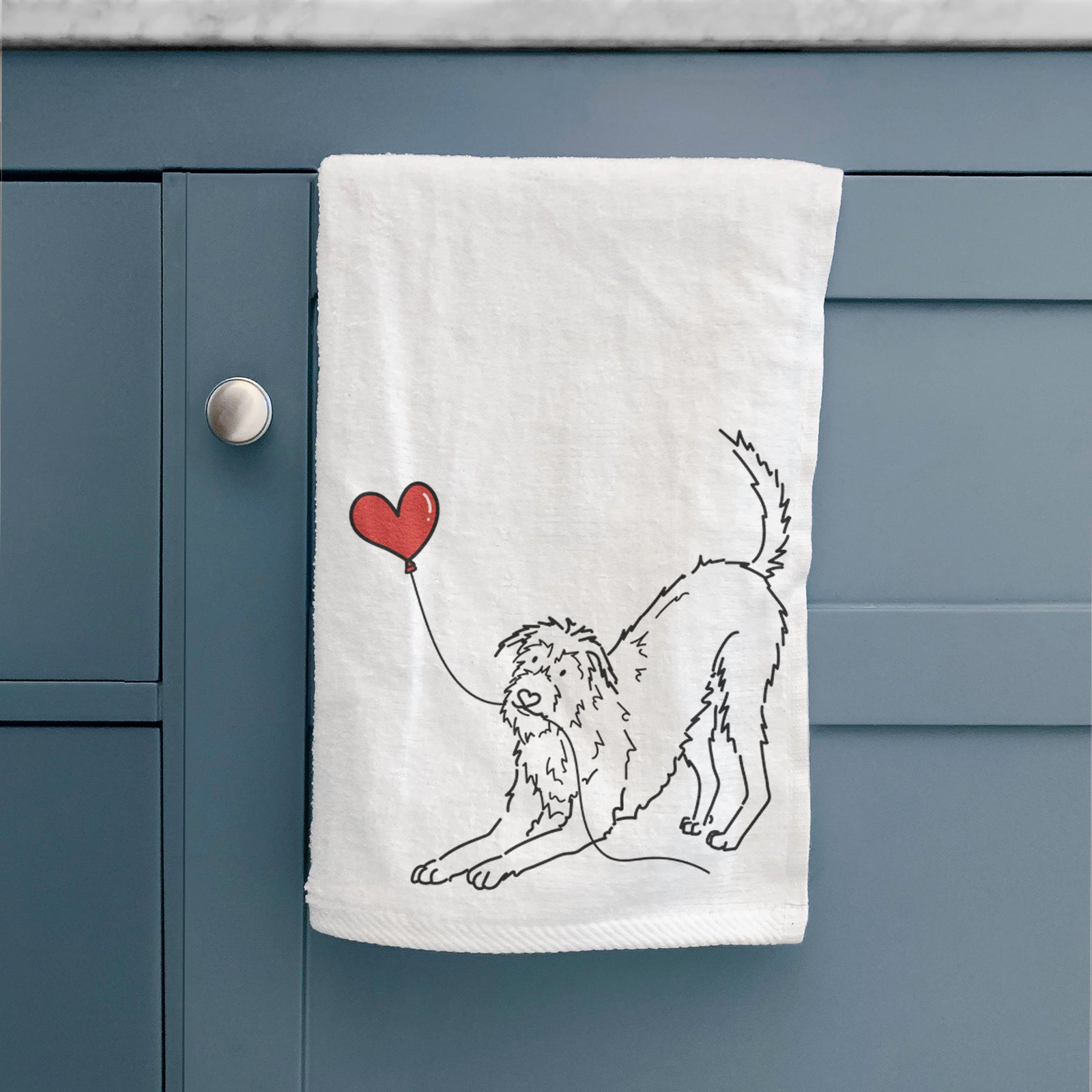 Minimalist line drawing of an Irish Wolfhound Heart String holding a heart balloon on a decorative hand towel