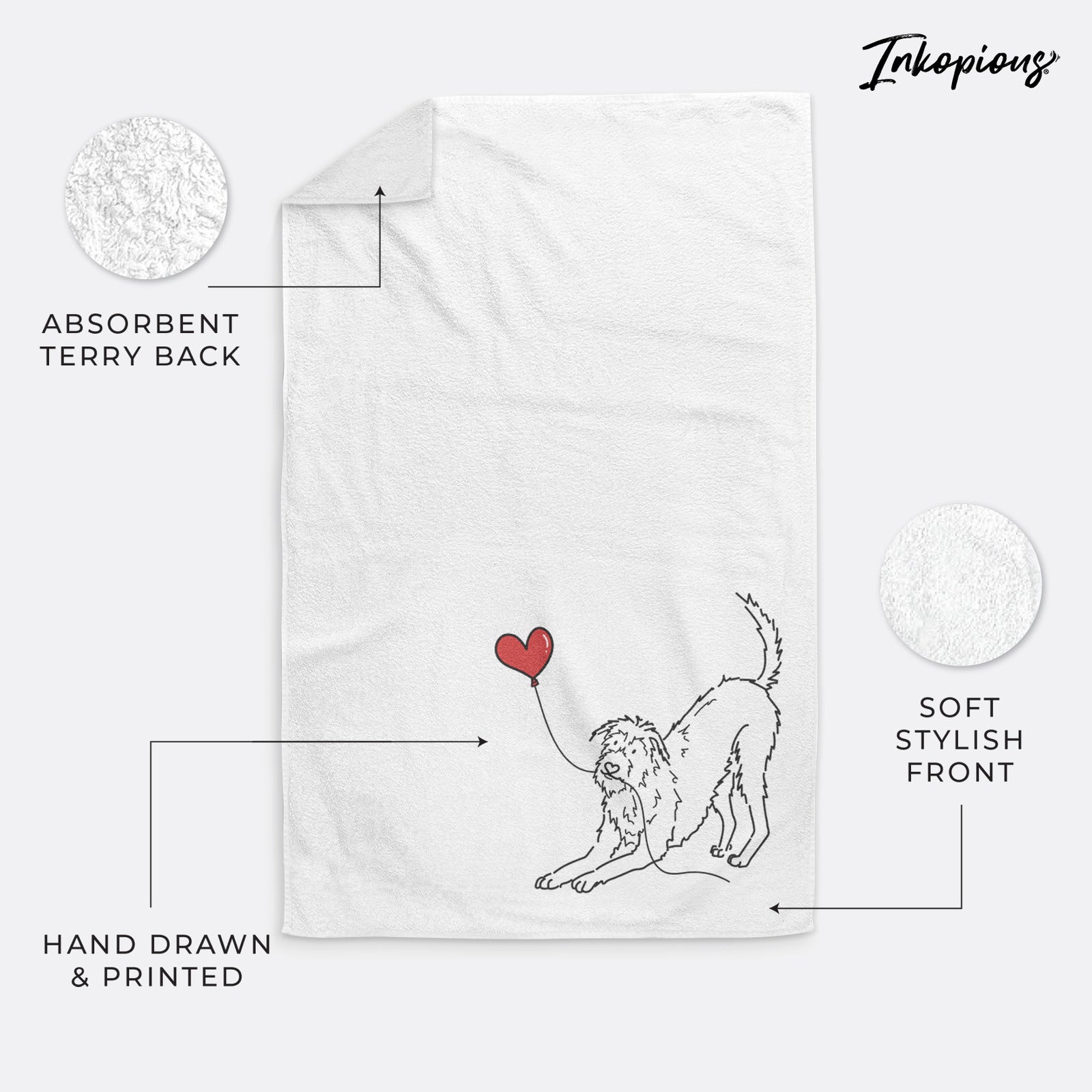 Minimalist line drawing of an Irish Wolfhound Heart String holding a heart balloon on a decorative hand towel