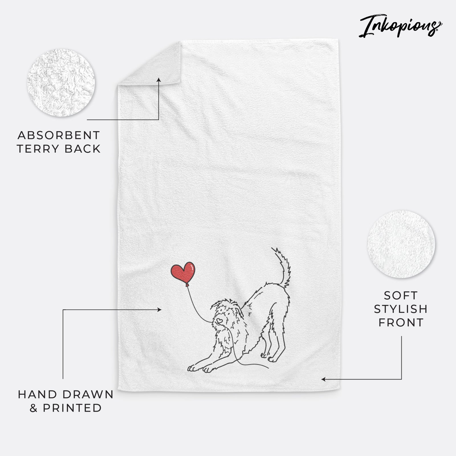 Minimalist line drawing of an Irish Wolfhound Heart String holding a heart balloon on a decorative hand towel