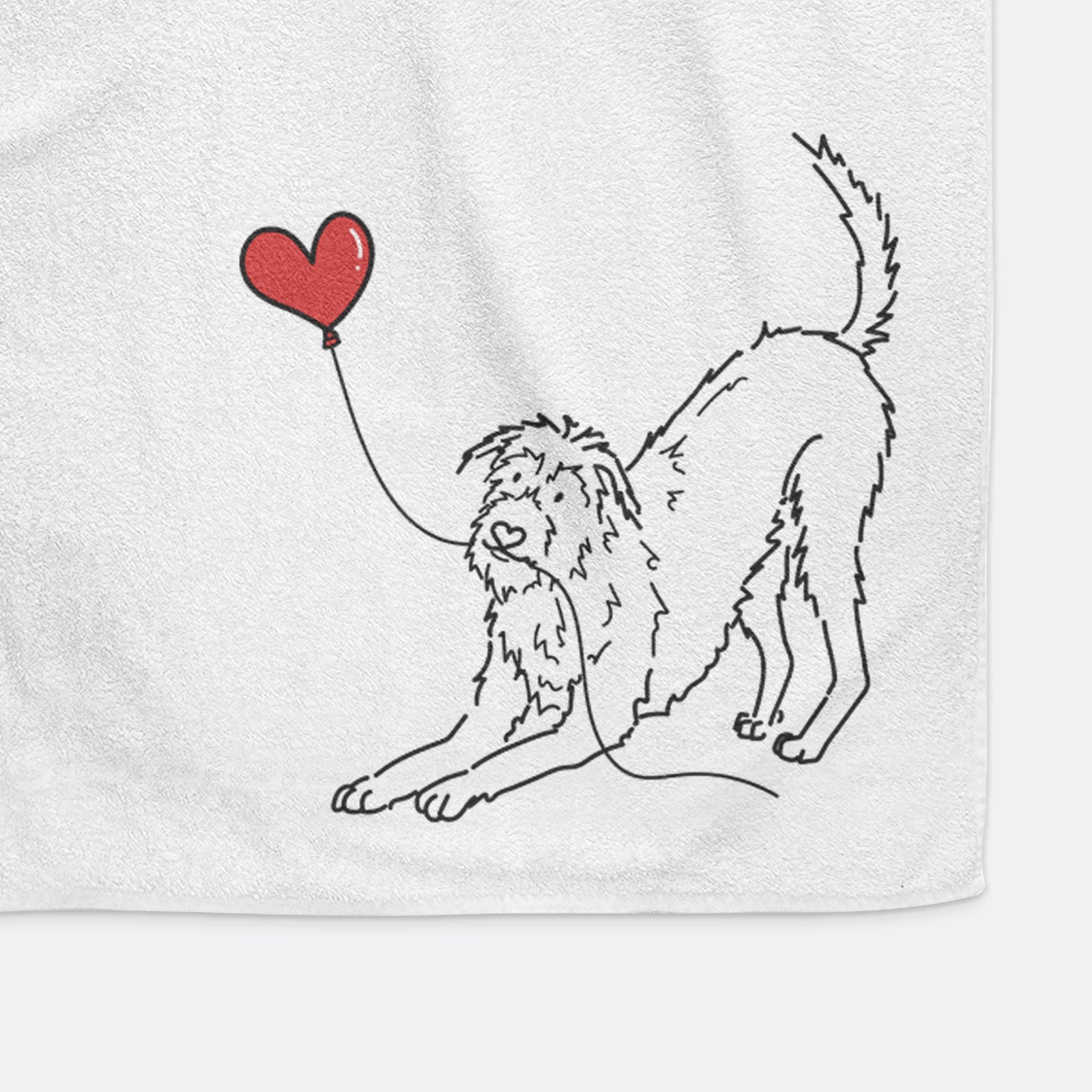 Minimalist line drawing of an Irish Wolfhound Heart String holding a heart balloon on a decorative hand towel