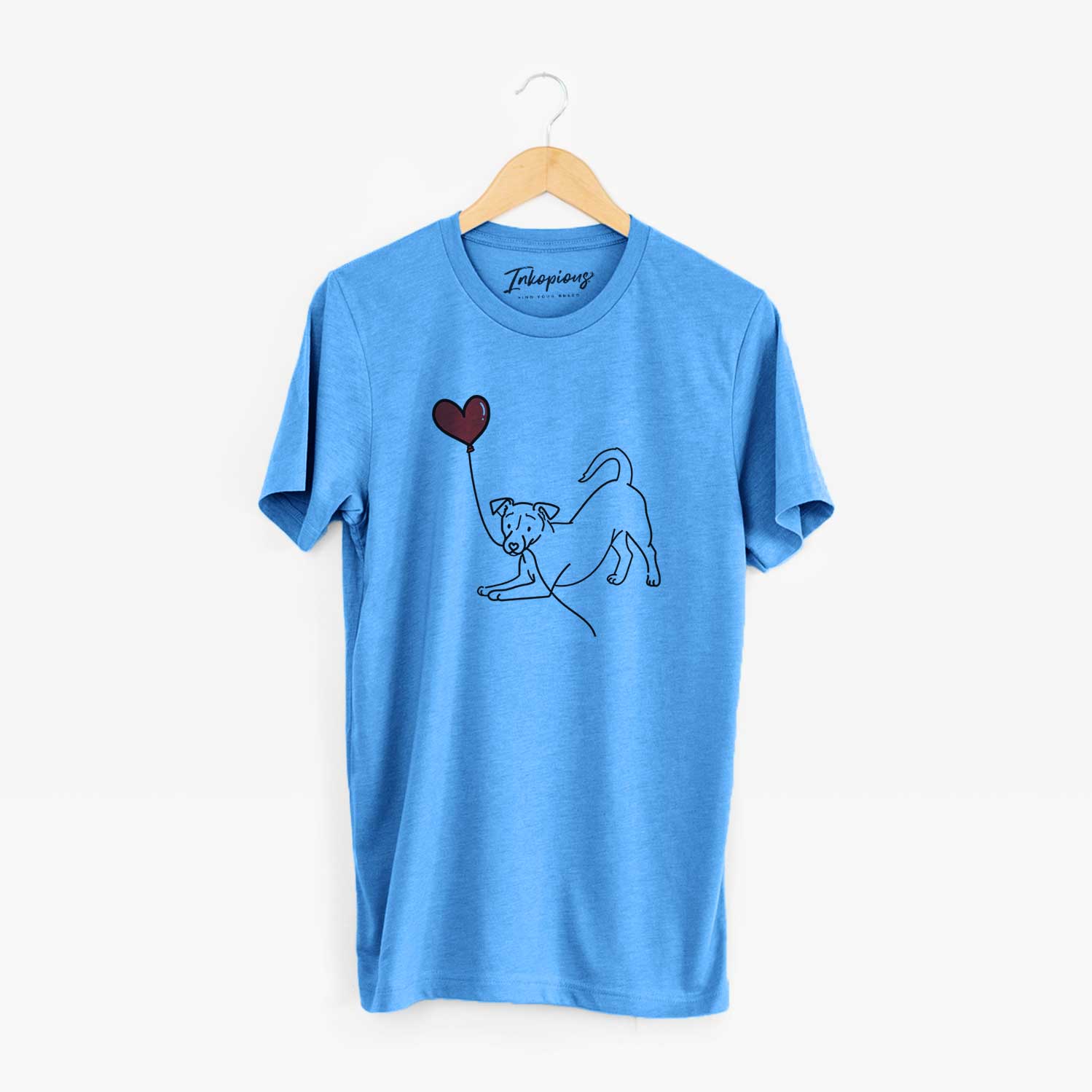 Minimalist line drawing of a Jack Russell Terrier Heart String holding a heart balloon on a Blue Unisex crewneck
