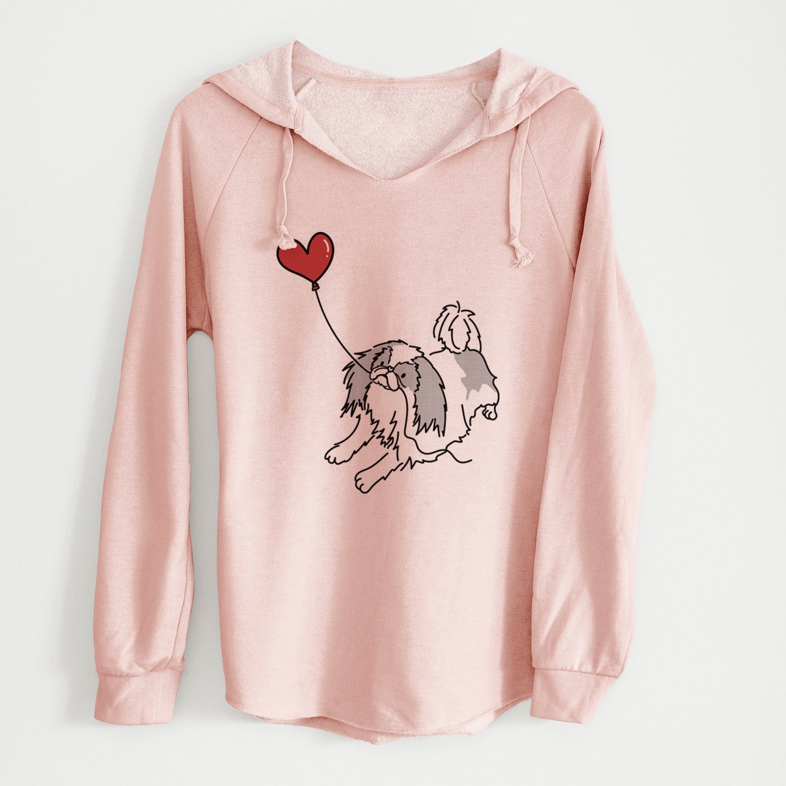 Minimalist line drawing of a Japanese Chin Heart String holding a heart balloon on a Blush Cali Wave Hooded Sweatshirt