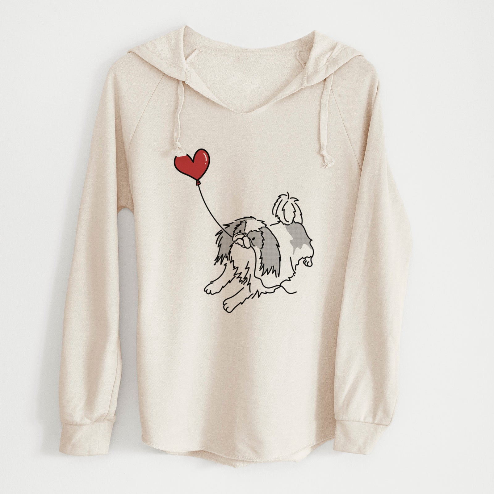 Minimalist line drawing of a Japanese Chin Heart String holding a heart balloon on a Bone Cali Wave Hooded Sweatshirt