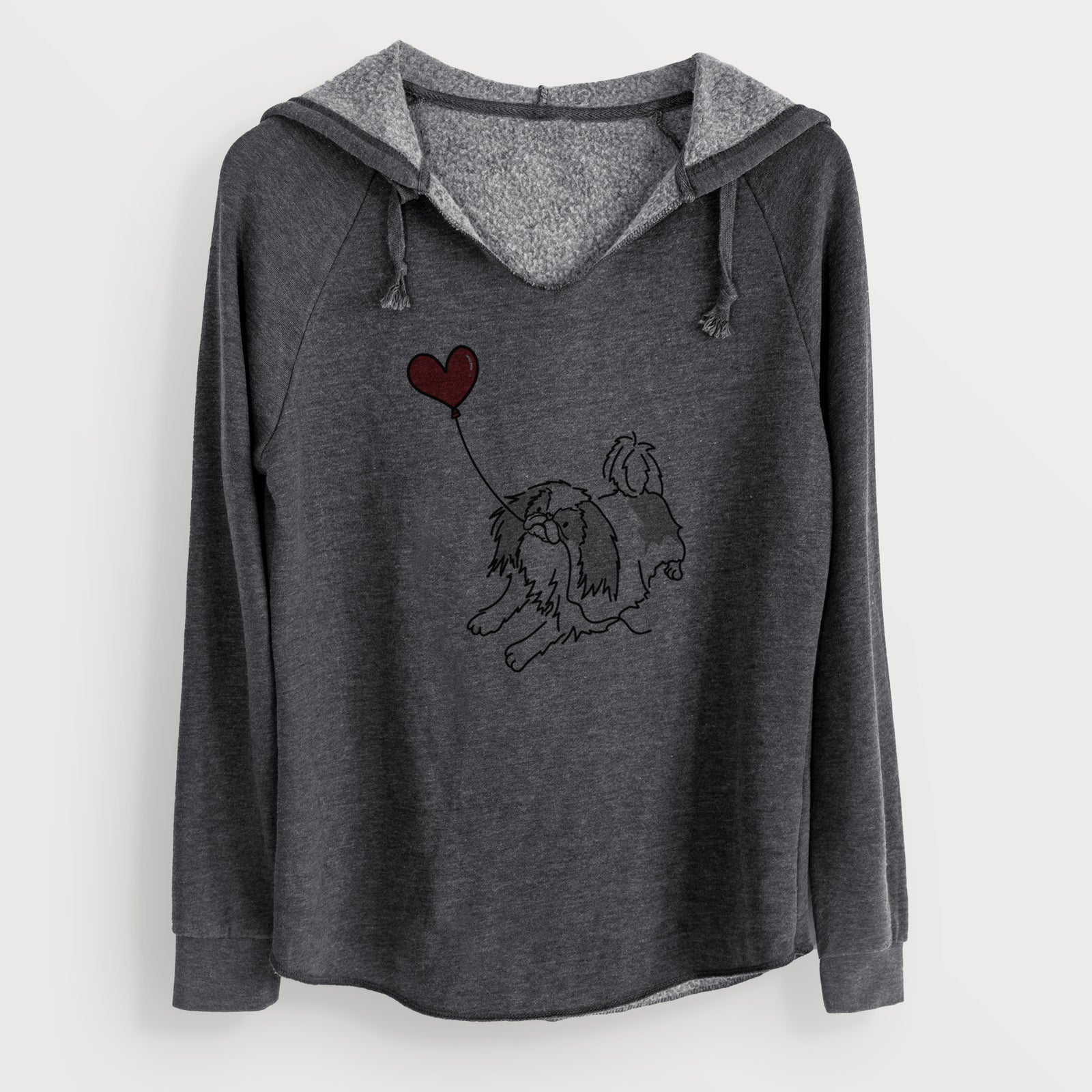 Minimalist line drawing of a Japanese Chin Heart String holding a heart balloon on a Charcoal Cali Wave Hooded Sweatshirt