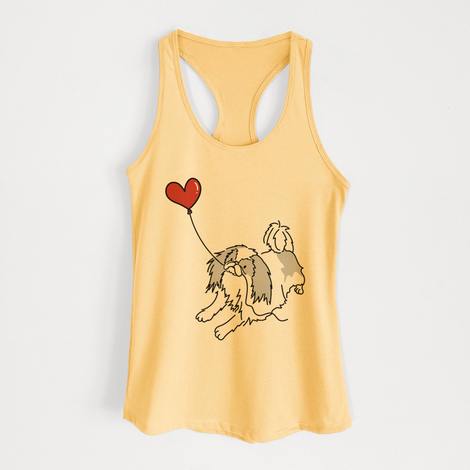 Minimalist line drawing of a Japanese Chin Heart String holding a heart balloon on a Banana Cream Women's racerback tanktop