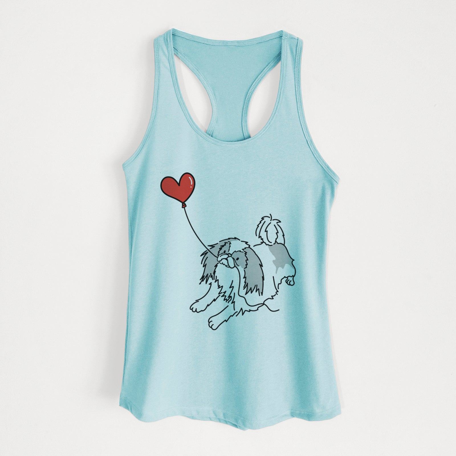 Minimalist line drawing of a Japanese Chin Heart String holding a heart balloon on a Cancun Blue Women's racerback tanktop