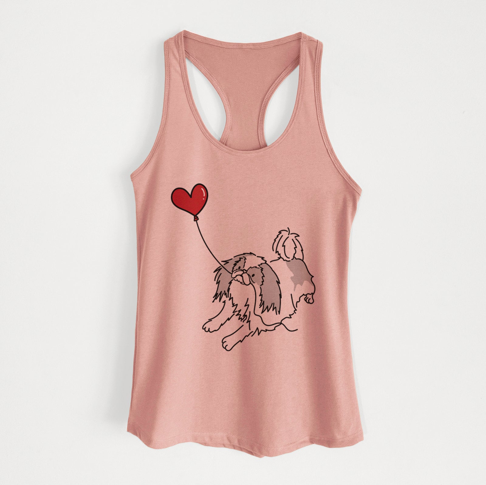 Minimalist line drawing of a Japanese Chin Heart String holding a heart balloon on a Desert Pink Women's racerback tanktop