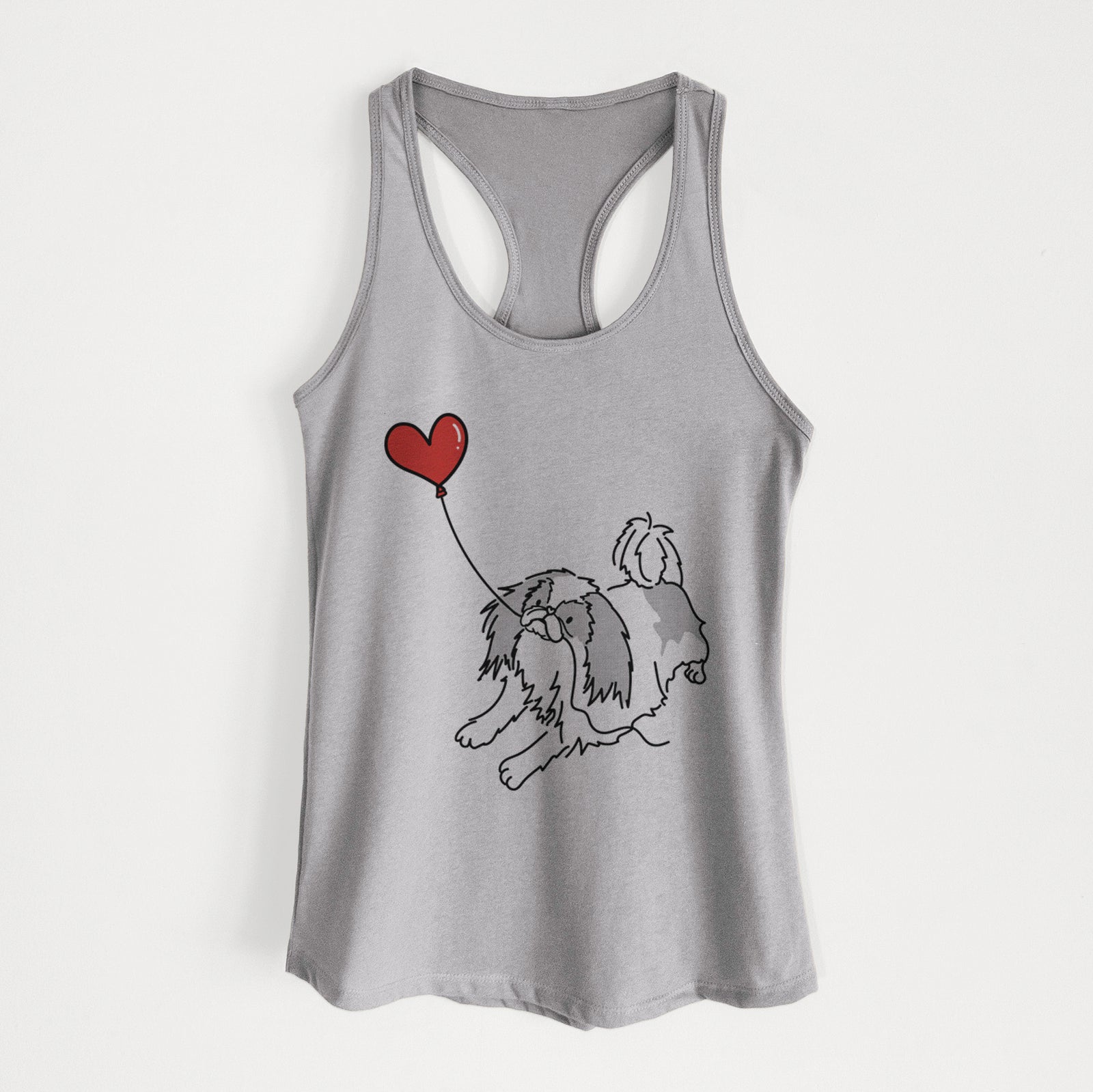 Minimalist line drawing of a Japanese Chin Heart String holding a heart balloon on a Heather Grey Women's racerback tanktop