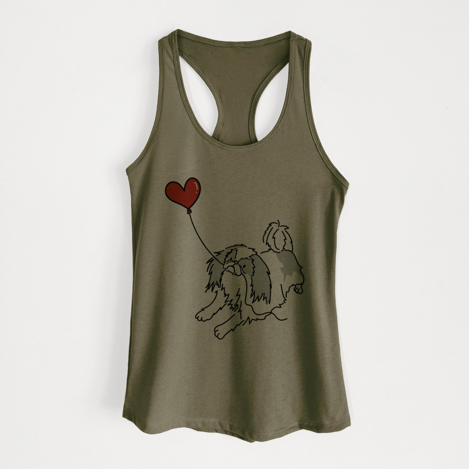 Minimalist line drawing of a Japanese Chin Heart String holding a heart balloon on a Military Green Women's racerback tanktop