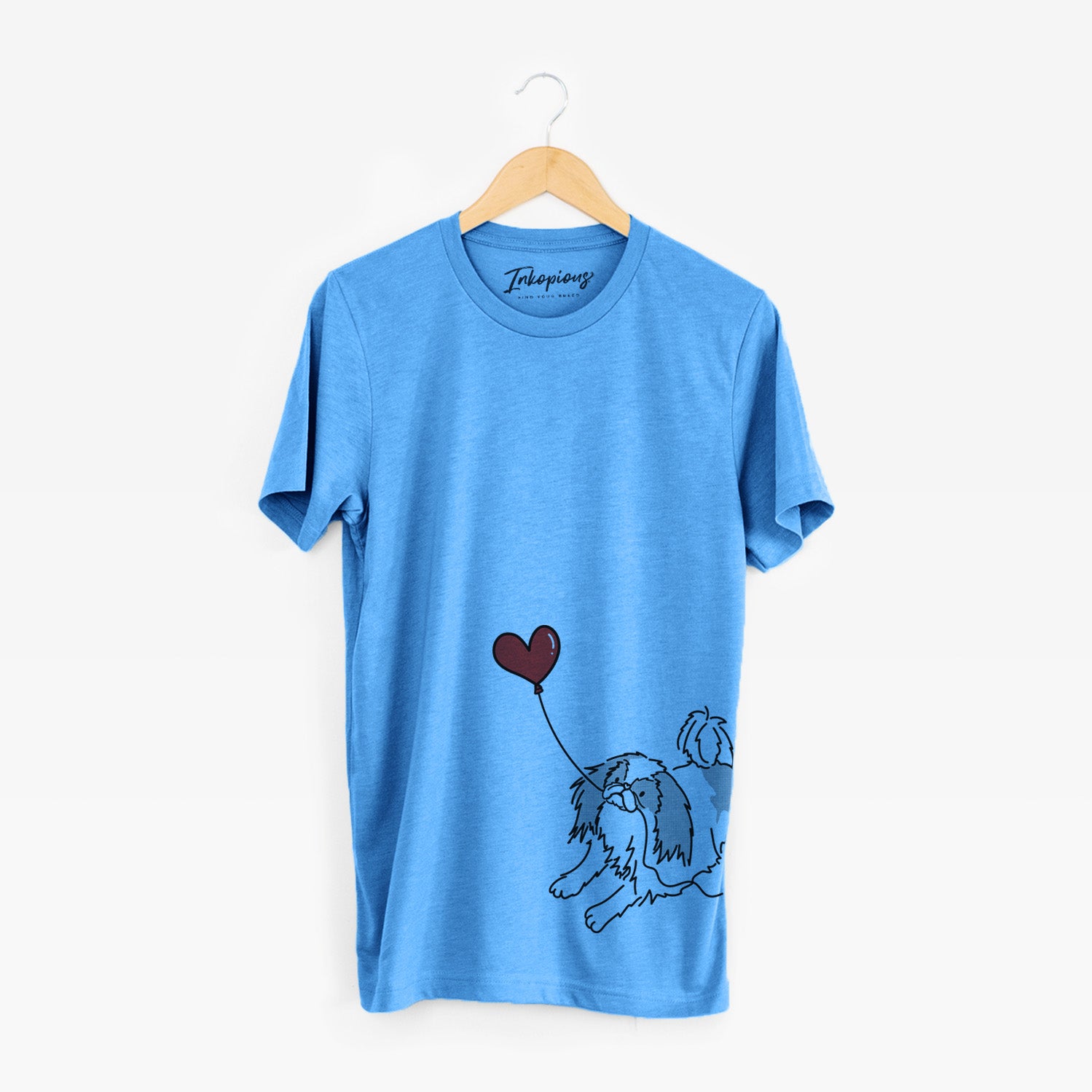 Minimalist line drawing of a Japanese Chin Heart String holding a heart balloon on a Blue Unisex crewneck