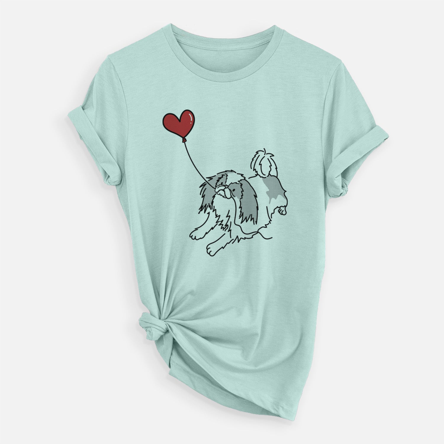 Minimalist line drawing of a Japanese Chin Heart String holding a heart balloon on a Heather Sage Unisex crewneck