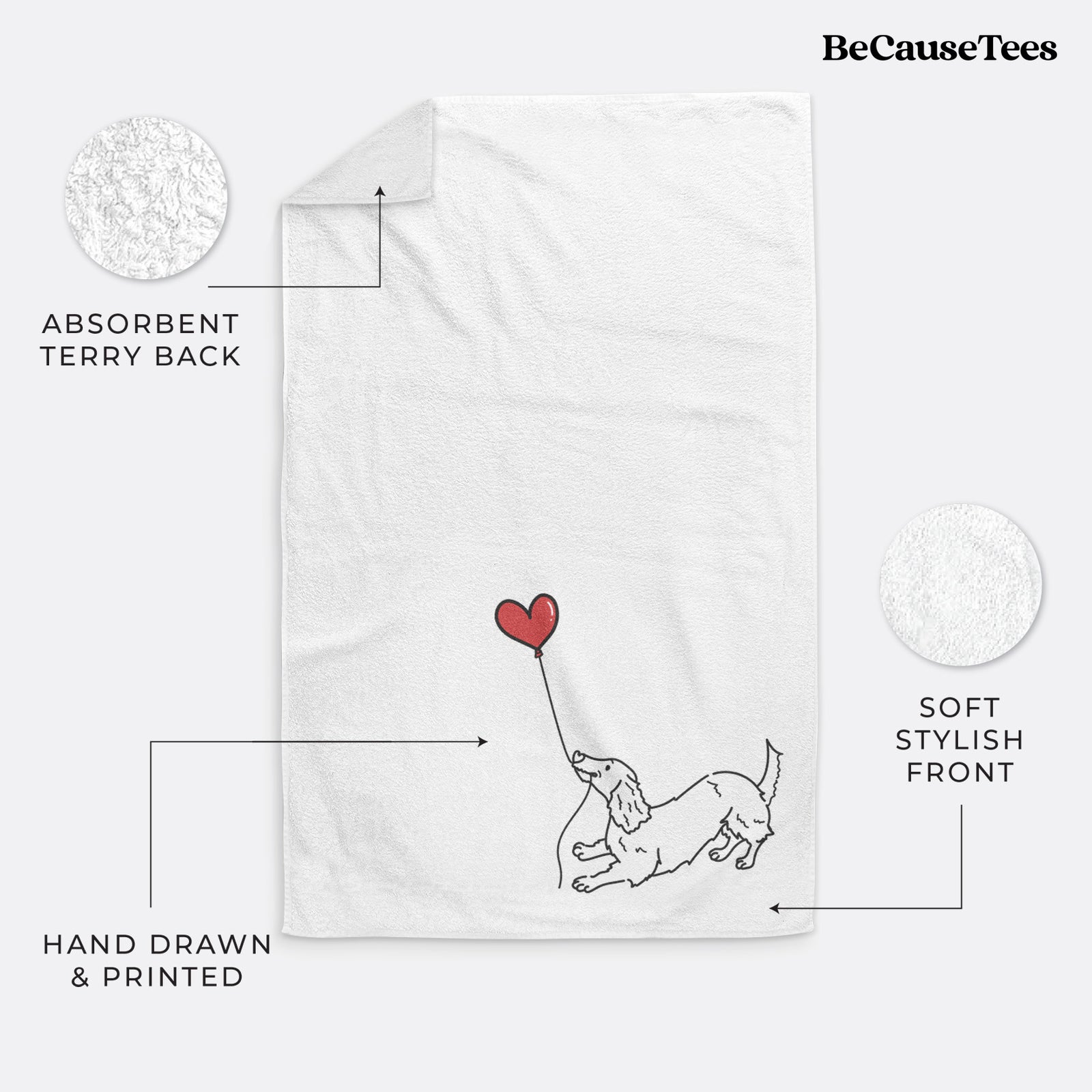 Minimalist line drawing of a Long Haired Dachshund Heart String holding a heart balloon on a decorative hand towel