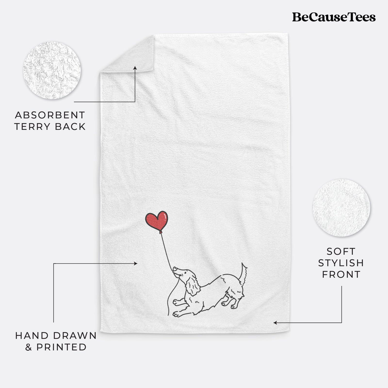 Minimalist line drawing of a Long Haired Dachshund Heart String holding a heart balloon on a decorative hand towel