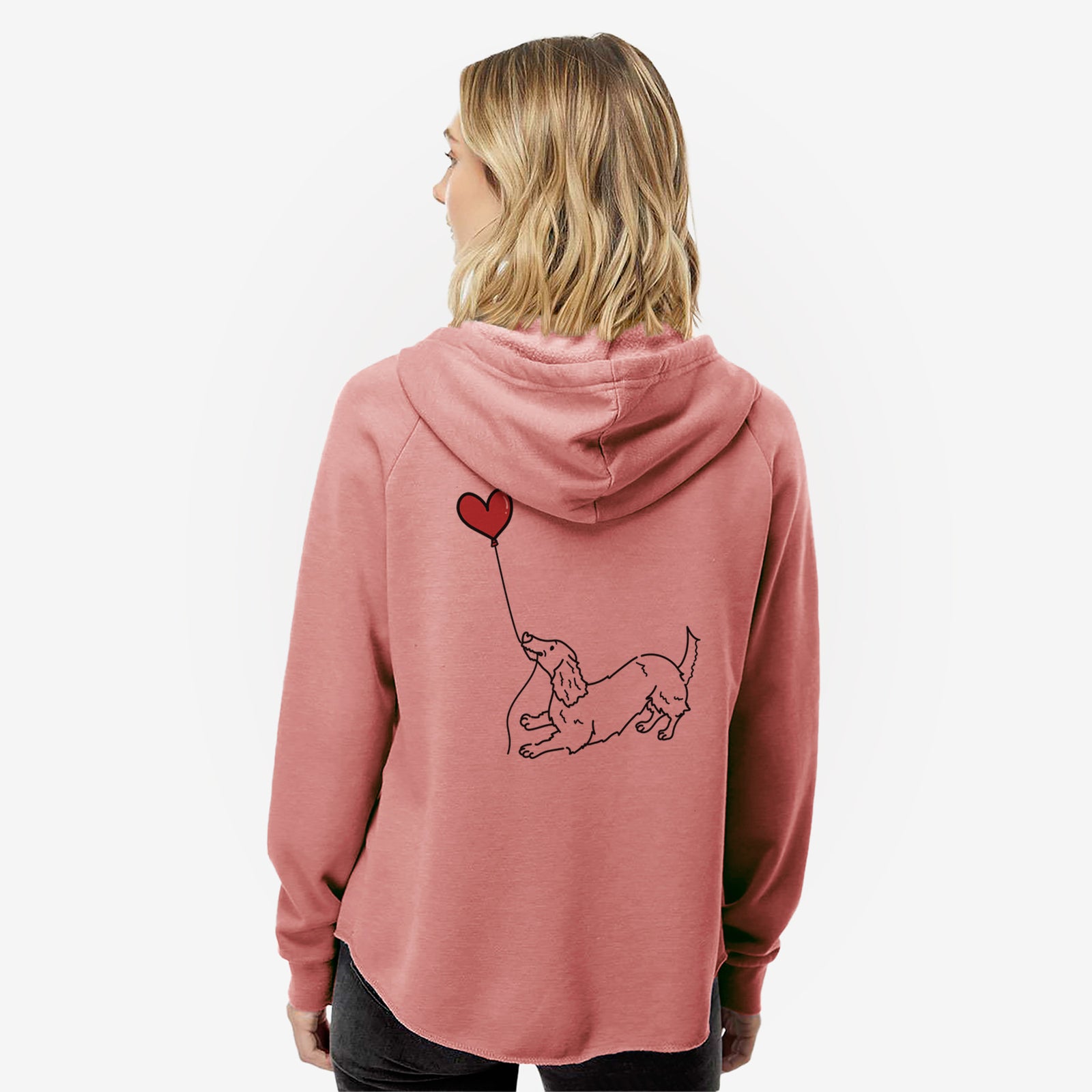 Minimalist line drawing of a Long Haired Dachshund Heart String- Women's Cali Wave Zip-Up Sweatshirt holding a heart balloon on a Dusty Rose Cali Wave Zipup Sweatshirt