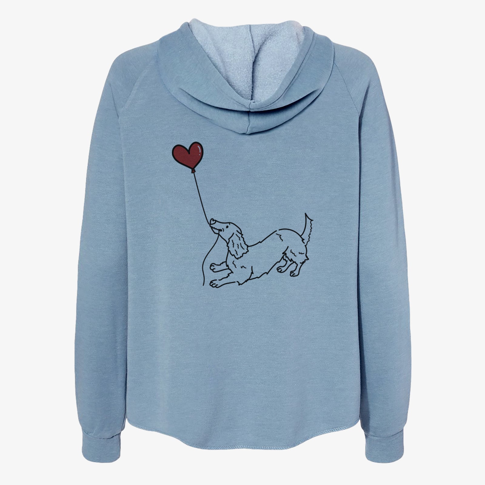 Minimalist line drawing of a Long Haired Dachshund Heart String- Women's Cali Wave Zip-Up Sweatshirt holding a heart balloon on a Misty Blue Cali Wave Zipup Sweatshirt