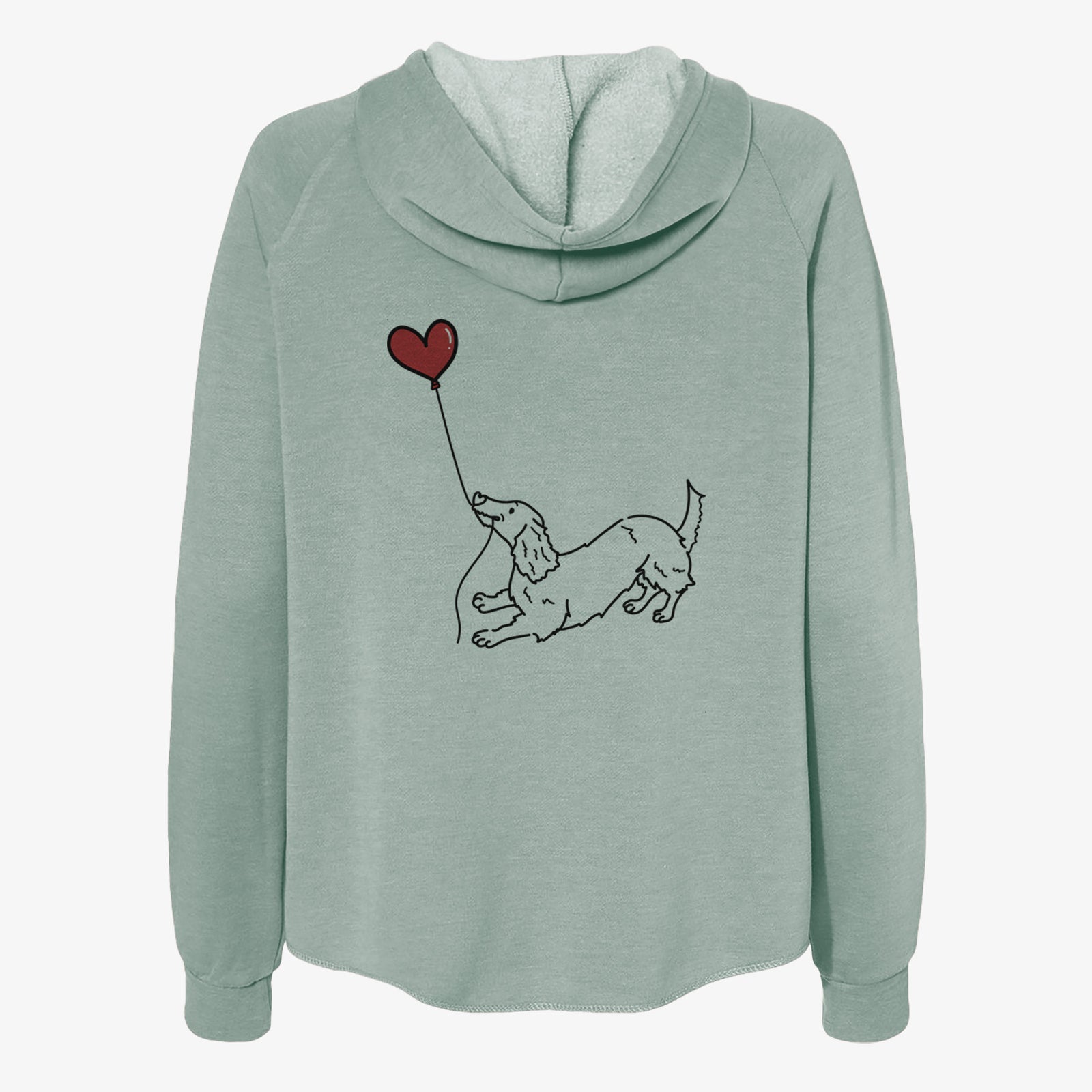 Minimalist line drawing of a Long Haired Dachshund Heart String- Women's Cali Wave Zip-Up Sweatshirt holding a heart balloon on a Sage Cali Wave Zipup Sweatshirt