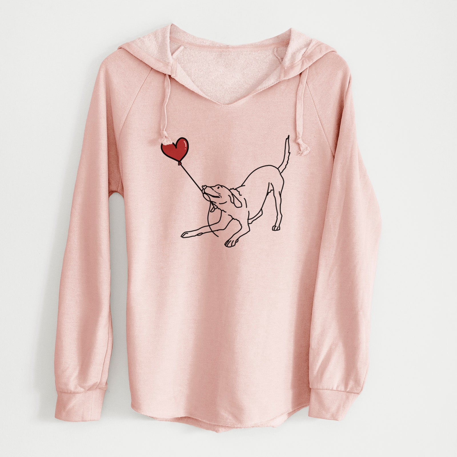 Minimalist line drawing of a Labrador Retriever Heart String holding a heart balloon on a Blush Cali Wave Hooded Sweatshirt