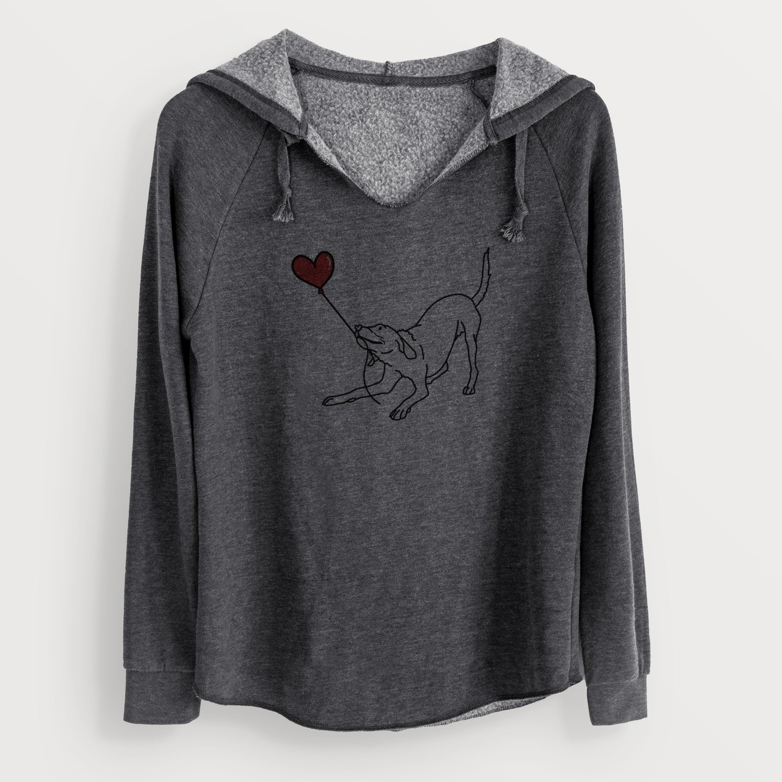 Minimalist line drawing of a Labrador Retriever Heart String holding a heart balloon on a Charcoal Cali Wave Hooded Sweatshirt