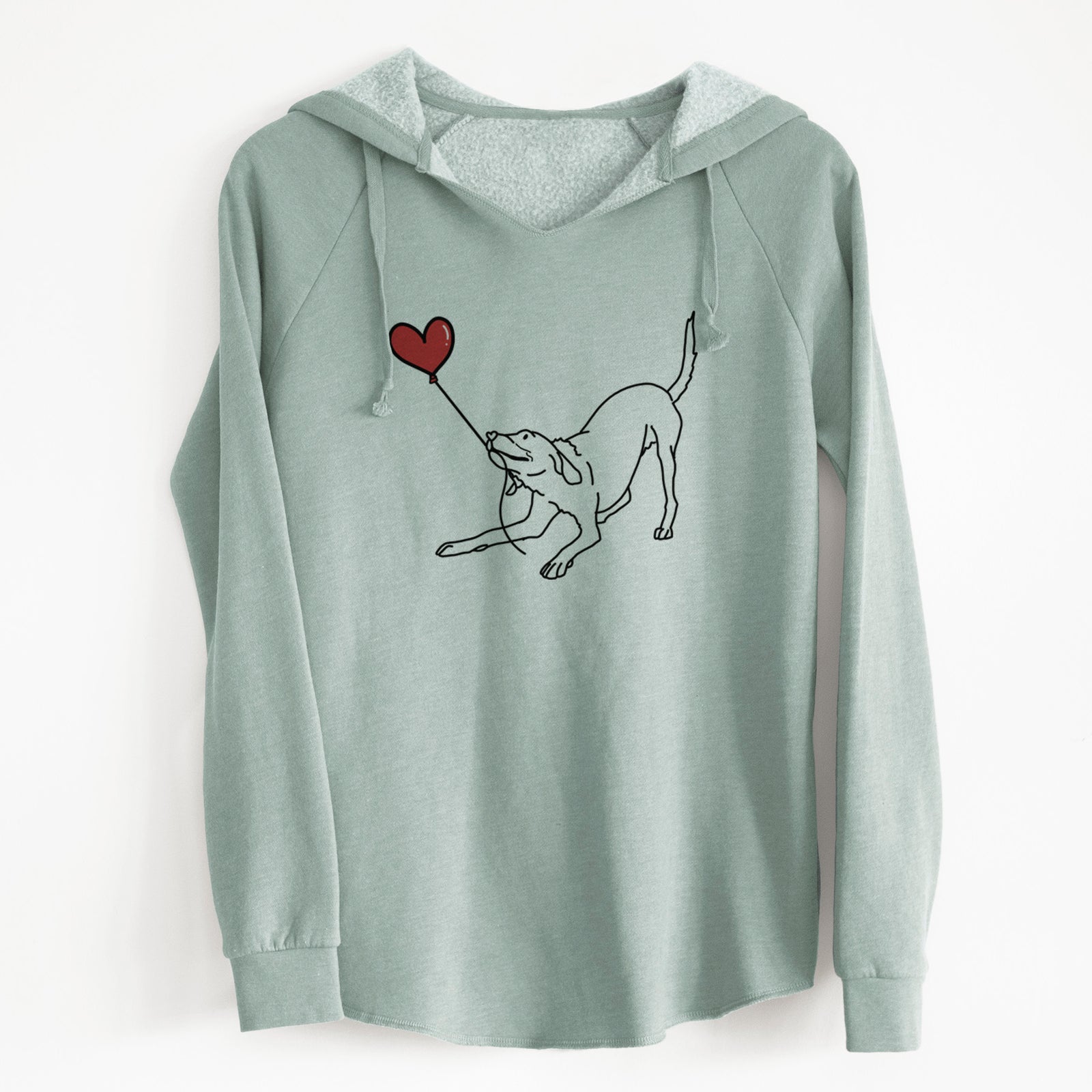 Minimalist line drawing of a Labrador Retriever Heart String holding a heart balloon on a Sage Cali Wave Hooded Sweatshirt