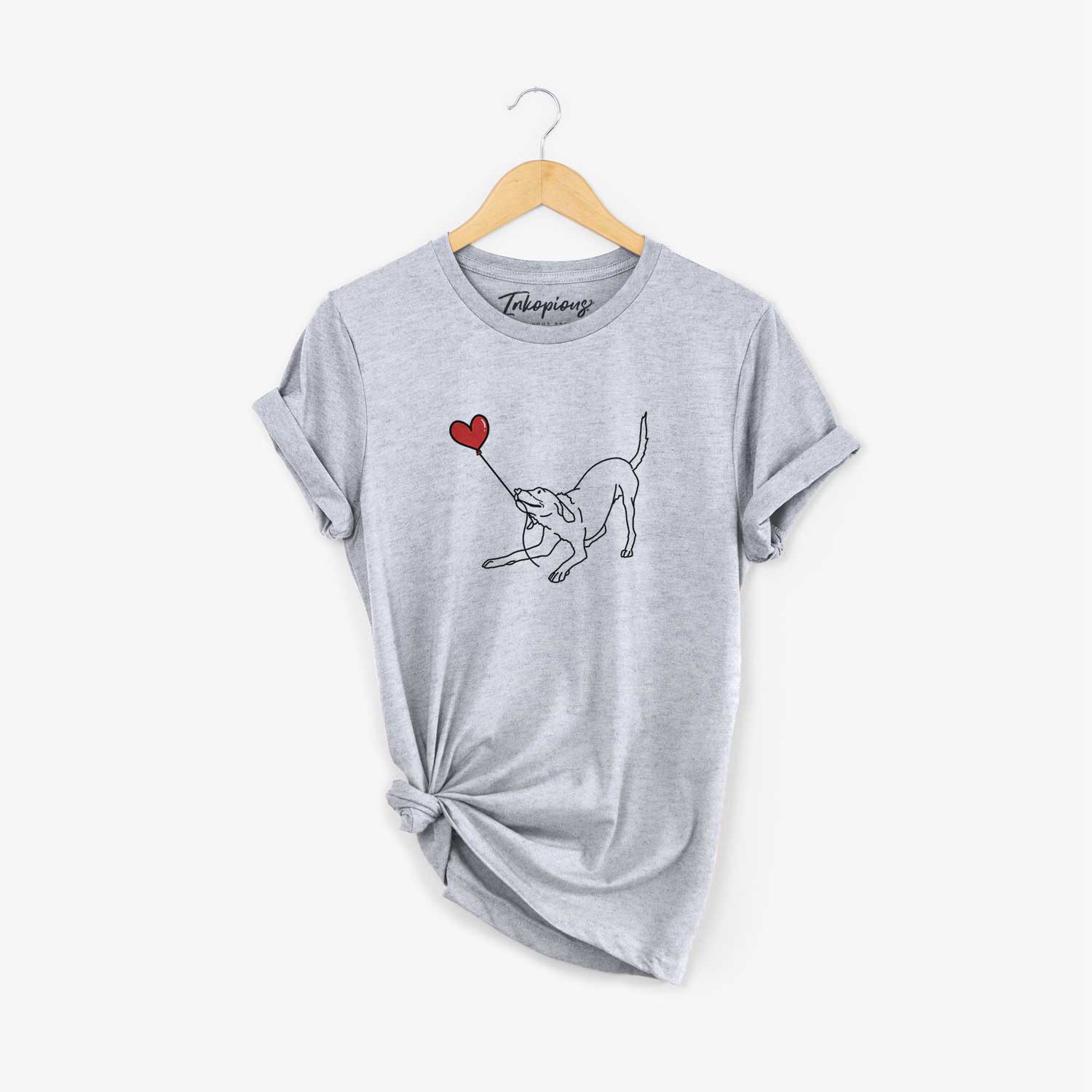 Minimalist line drawing of a Labrador Retriever Heart String holding a heart balloon on a Grey Unisex crewneck
