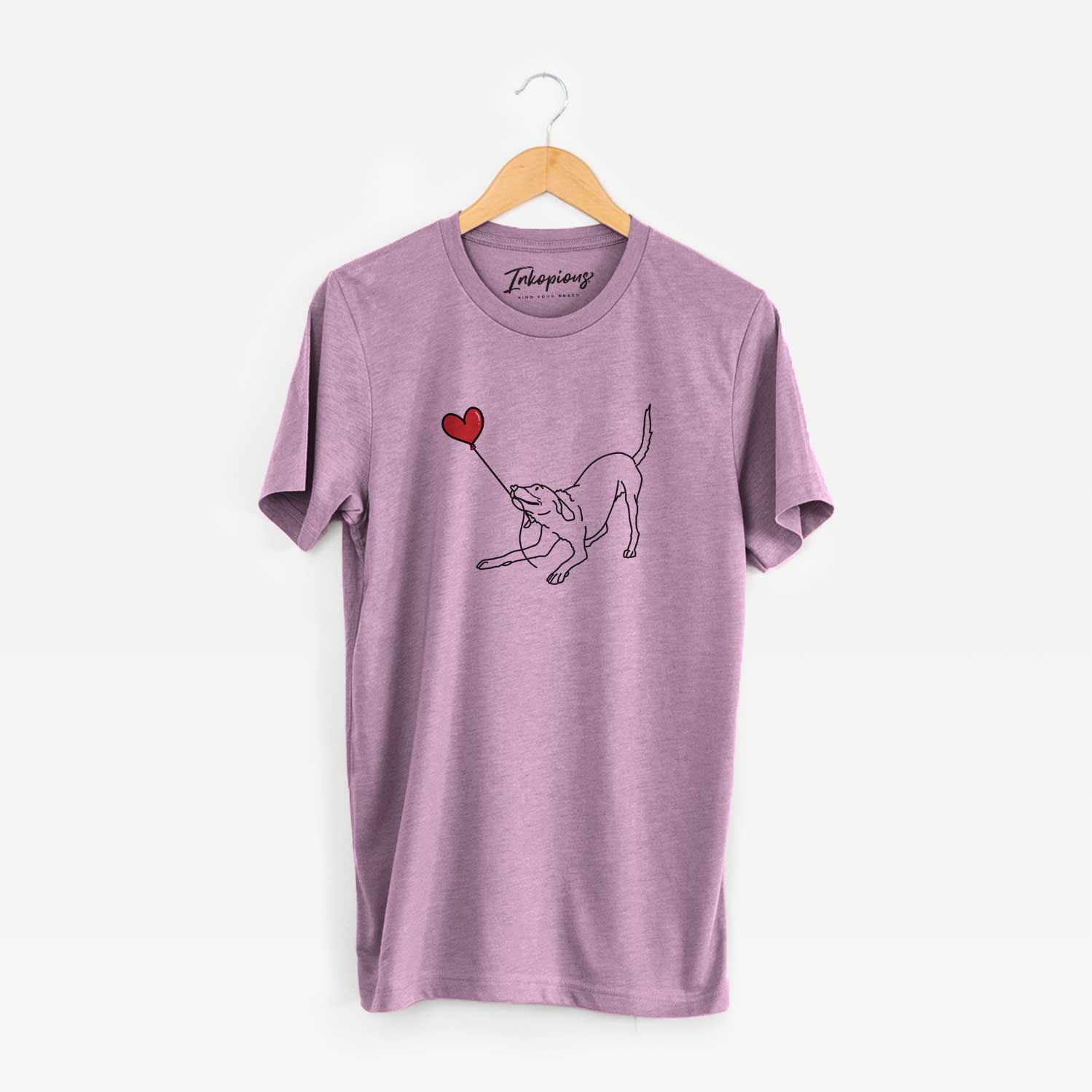Minimalist line drawing of a Labrador Retriever Heart String holding a heart balloon on an Orchid Unisex crewneck