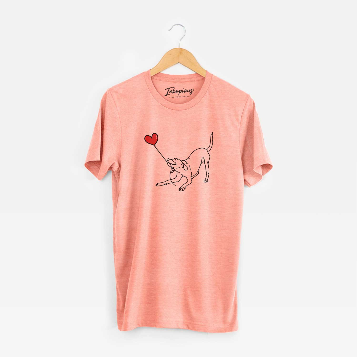 Minimalist line drawing of a Labrador Retriever Heart String holding a heart balloon on a Sunset Unisex crewneck