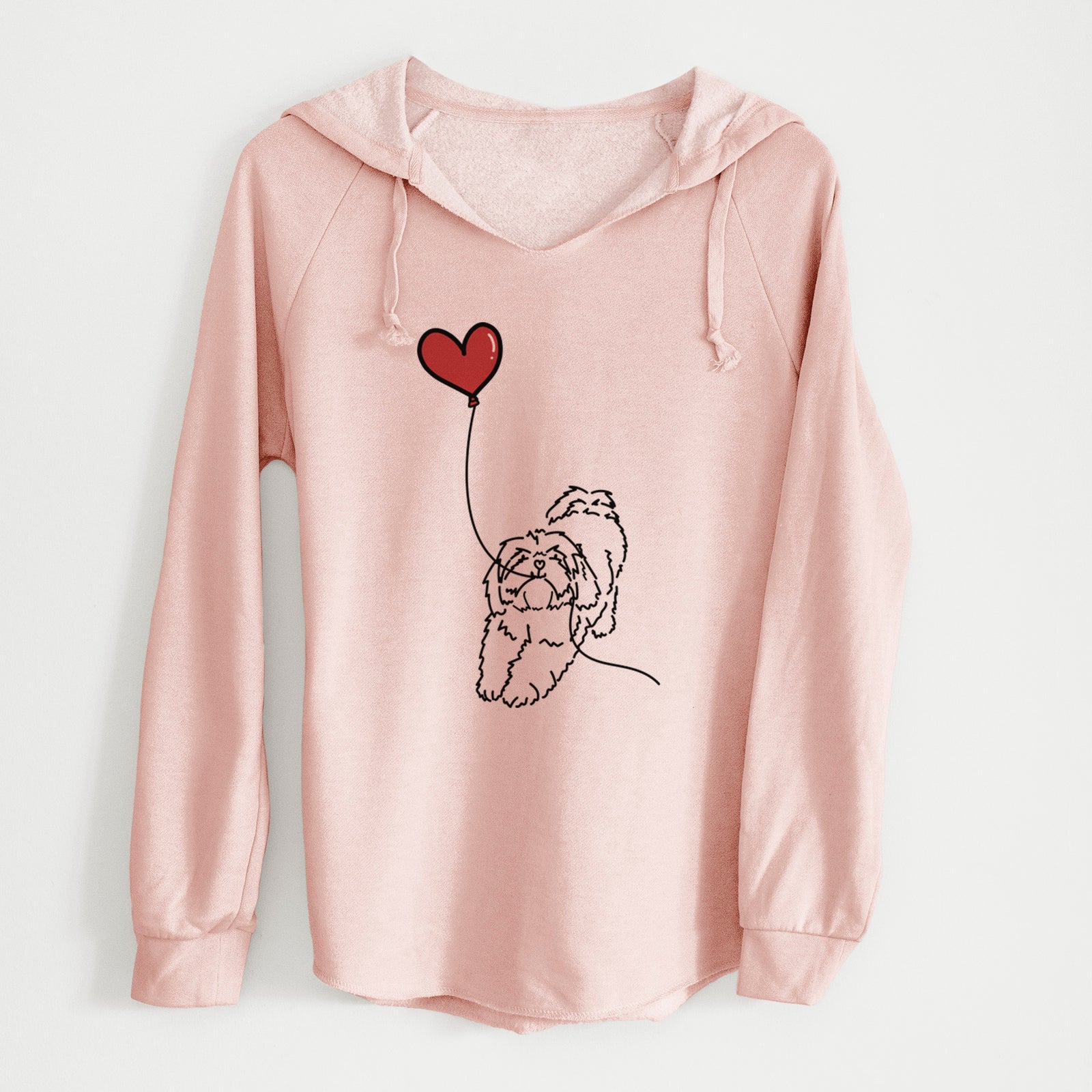 Minimalist line drawing of a Lhasa Apso Heart String holding a heart balloon on a Blush Cali Wave Hooded Sweatshirt