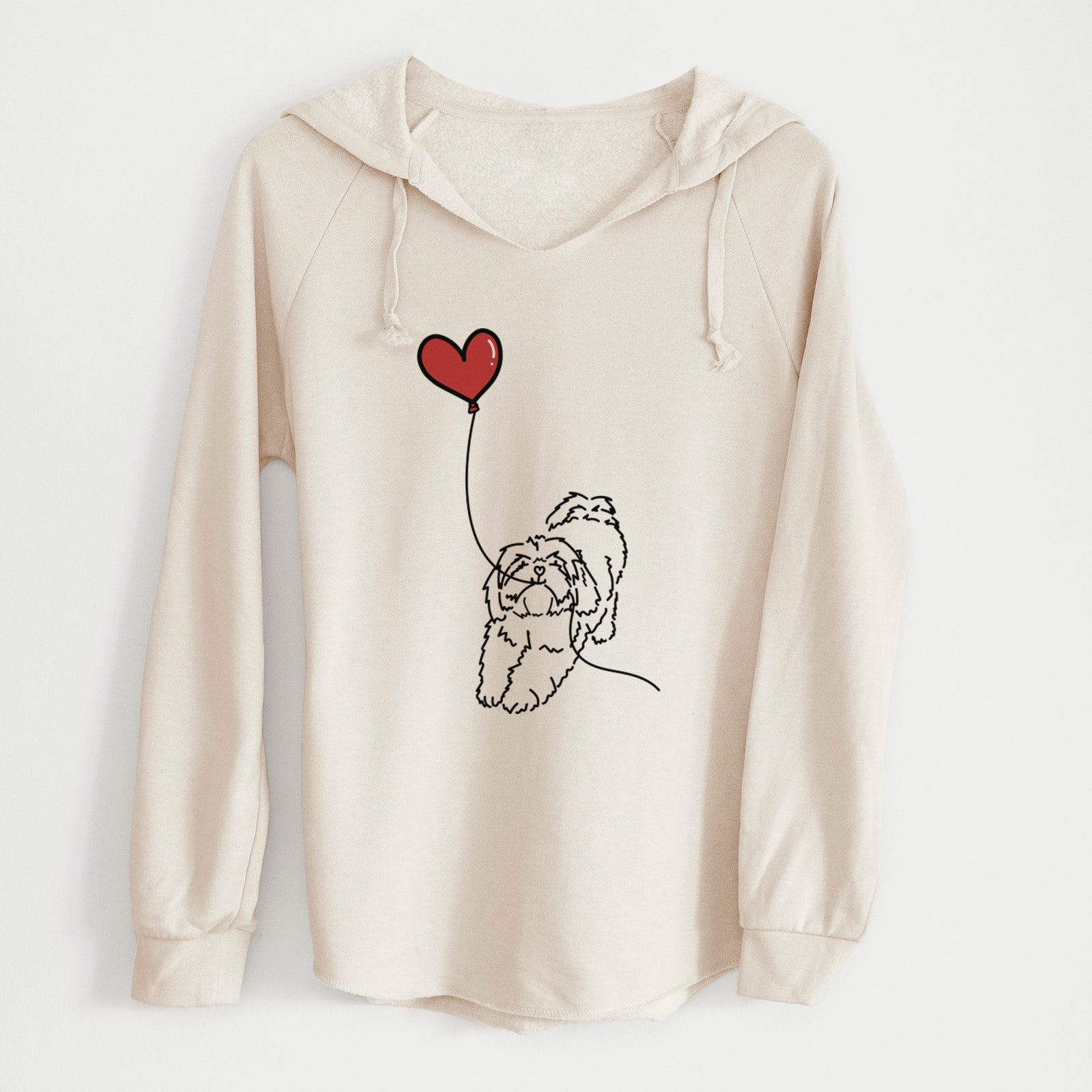 Minimalist line drawing of a Lhasa Apso Heart String holding a heart balloon on a Bone Cali Wave Hooded Sweatshirt
