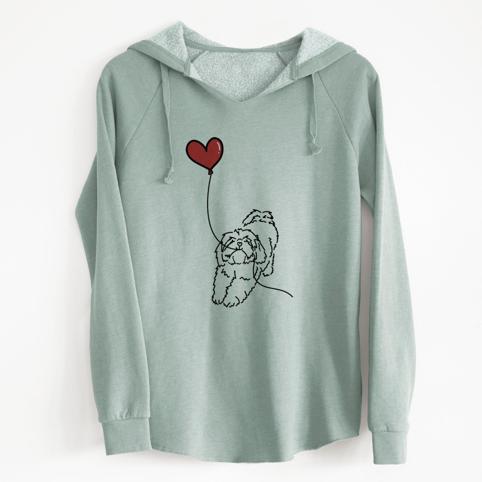 Minimalist line drawing of a Lhasa Apso Heart String holding a heart balloon on a Sage Cali Wave Hooded Sweatshirt