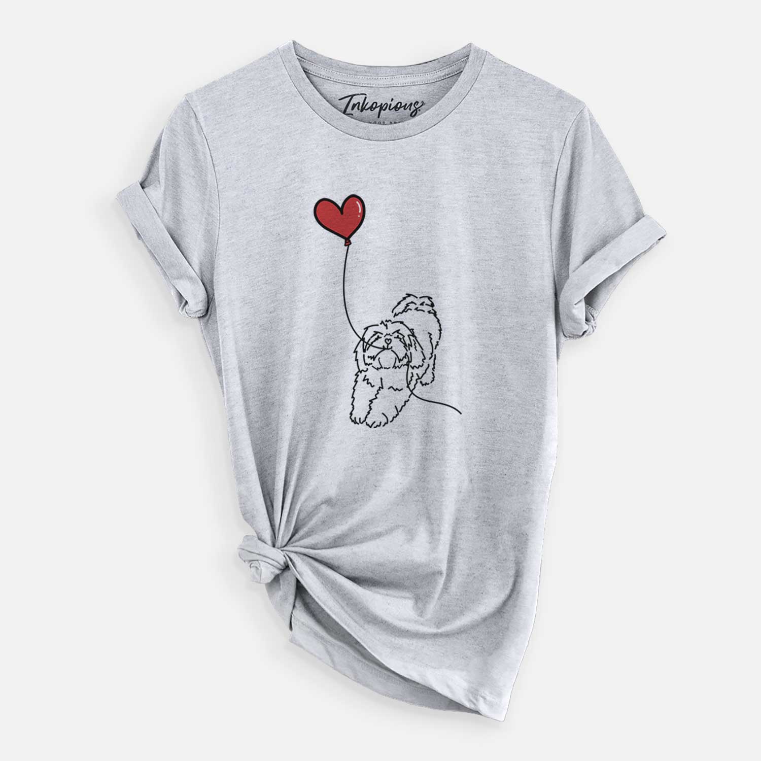 Minimalist line drawing of a Lhasa Apso Heart String holding a heart balloon on a Grey Unisex crewneck
