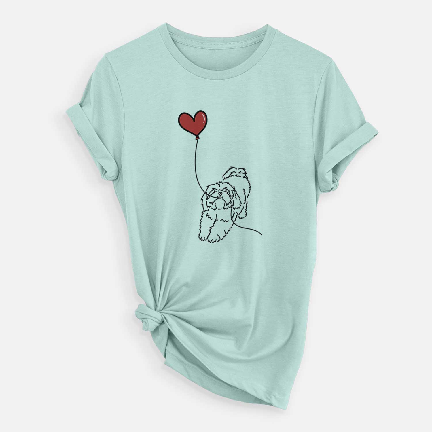 Minimalist line drawing of a Lhasa Apso Heart String holding a heart balloon on a Heather Sage Unisex crewneck