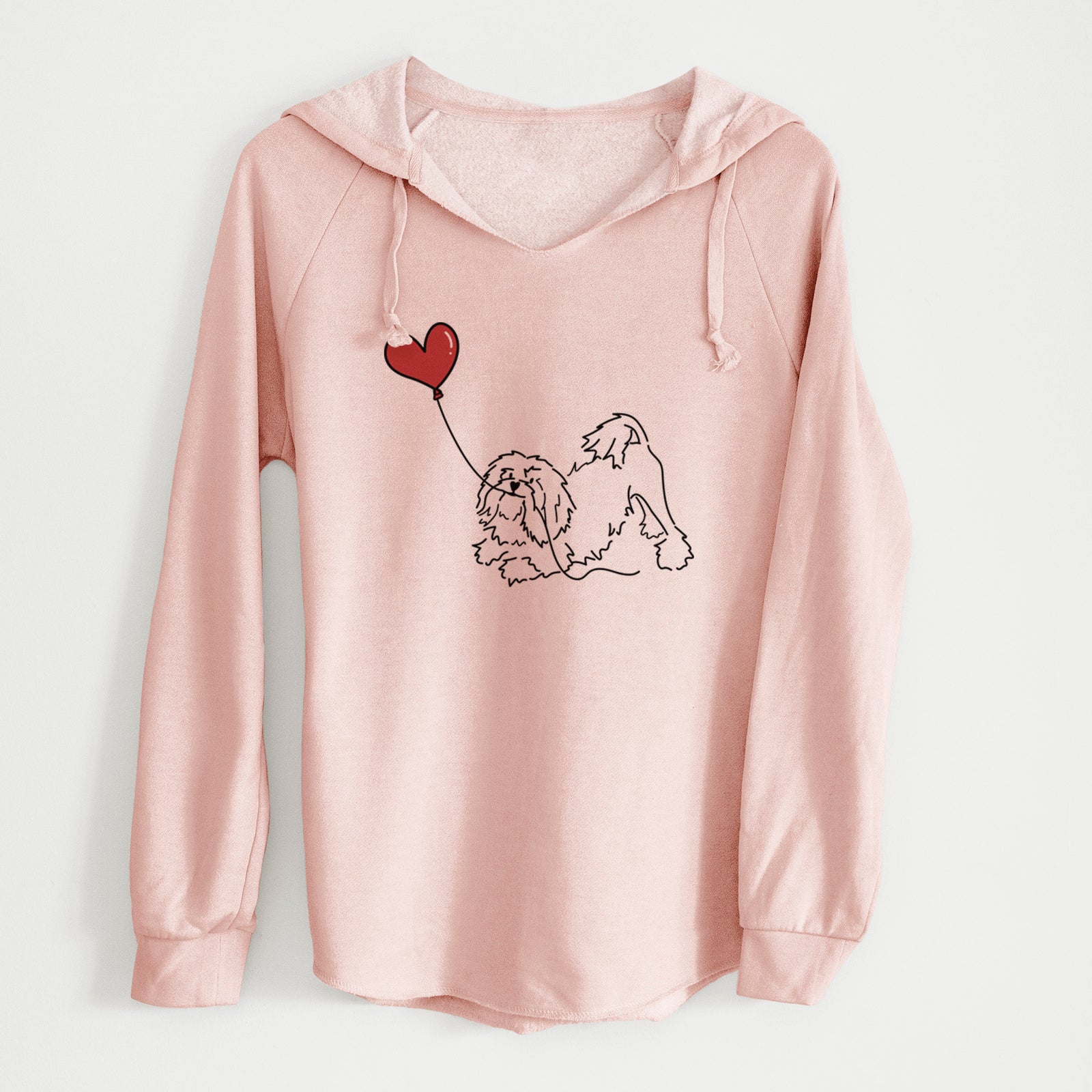 Minimalist line drawing of a Lowchen Heart String holding a heart balloon on a Blush Cali Wave Hooded Sweatshirt