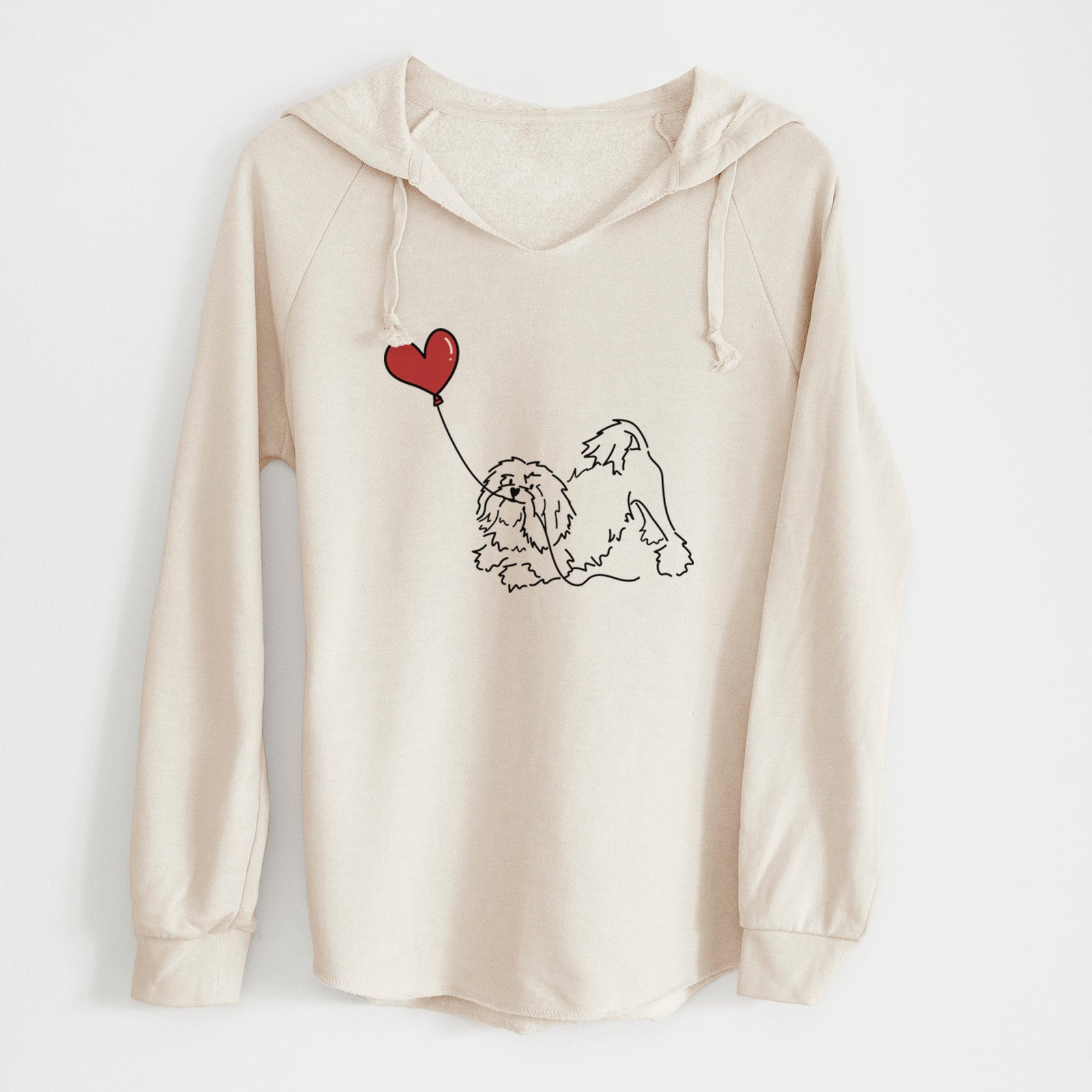 Minimalist line drawing of a Lowchen Heart String holding a heart balloon on a Bone Cali Wave Hooded Sweatshirt