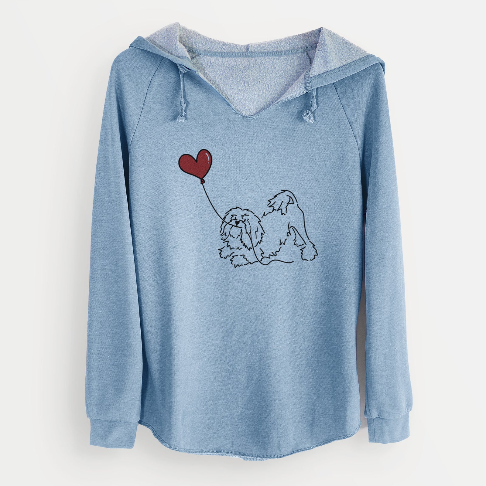 Minimalist line drawing of a Lowchen Heart String holding a heart balloon on a Misty Blue Cali Wave Hooded Sweatshirt