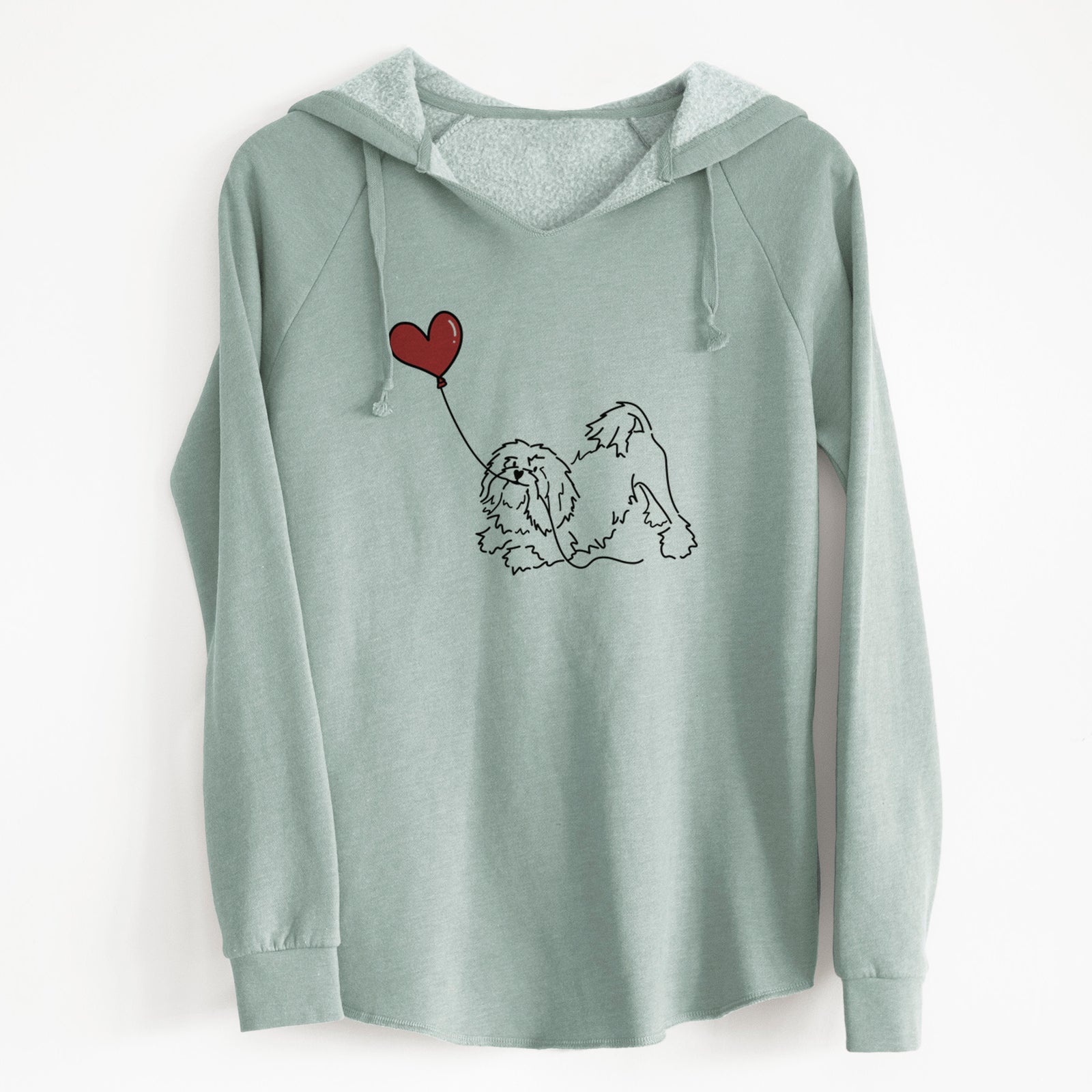Minimalist line drawing of a Lowchen Heart String holding a heart balloon on a Sage Cali Wave Hooded Sweatshirt