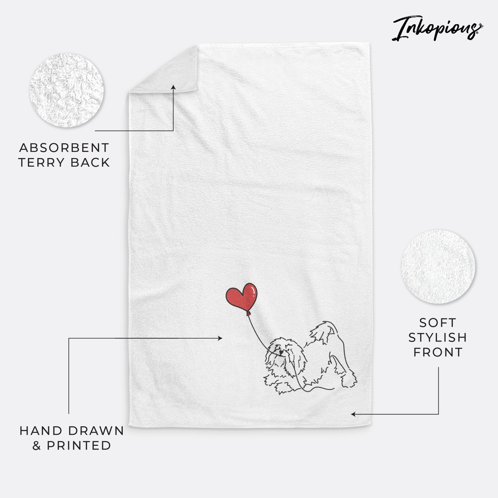 Minimalist line drawing of a Lowchen Heart String holding a heart balloon on a decorative hand towel