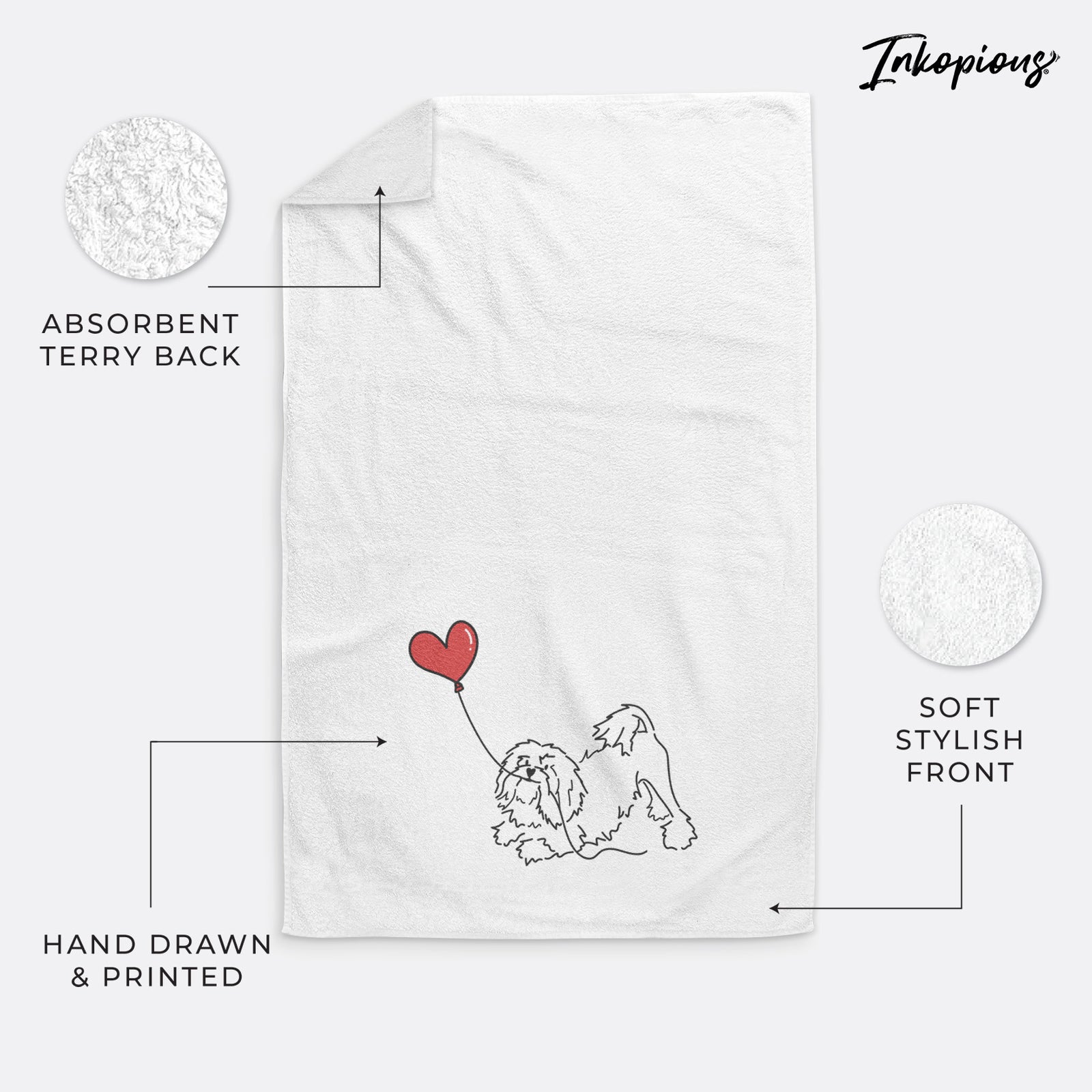 Minimalist line drawing of a Lowchen Heart String holding a heart balloon on a decorative hand towel